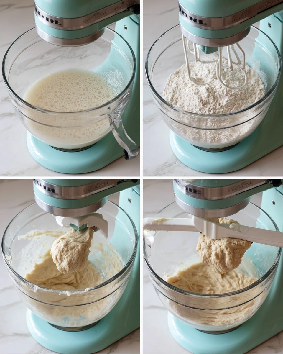 The image shows four steps of dough preparation in a large clear glass bowl attached to a pale blue stand mixer, all placed on a white marbled surface. The first part shows a layer of light beige yeast mixture resting at the bottom of the bowl. In the second, the yeast mixture has bubbled up, creating a light foam layer of small bubbles on the top. The third frame shows a layer of dry white flour added above the yeast mixture with the white paddle attachment resting in it. Finally, the fourth frame shows a sticky beige dough clinging to the paddle attachment, slightly textured and held over the bowl with the dough beginning to form inside the bowl below. Photo taken with an iphone --ar 4:5 --v 7