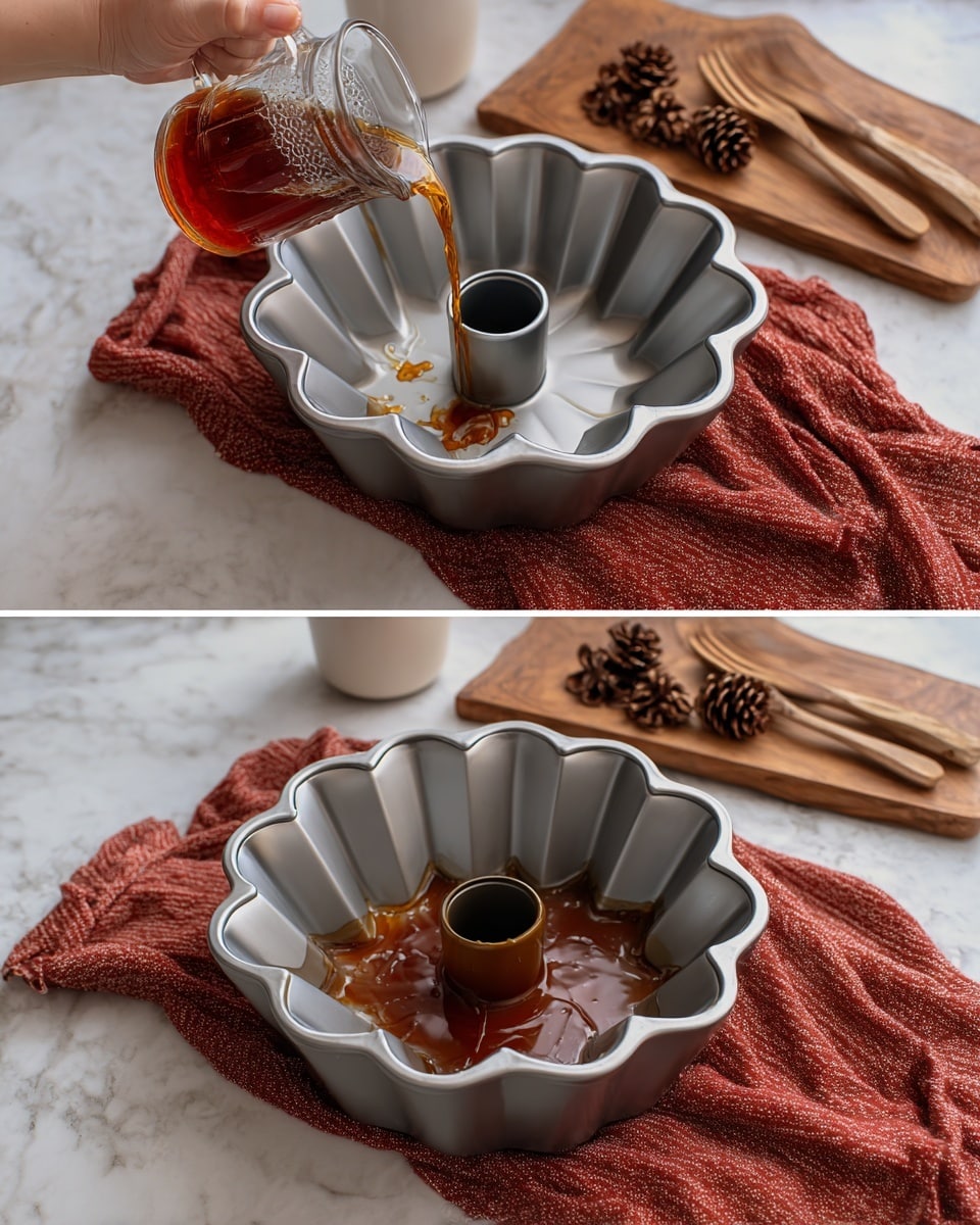 The image shows a grey bundt pan placed on a white marbled surface with a textured reddish-orange cloth beside it. In the left frame, a woman's hand pours a dark amber liquid into the pan, the liquid flowing smoothly and beginning to fill the curved, scalloped shape of the pan that has a central tube. In the right frame, the pan is partially filled with the same shiny, dark amber liquid, pooling around the grooves of the bundt pan. In the background, there are wooden spoon utensils and a wooden board with pine cones arranged on top, contributing to a cozy kitchen setting. photo taken with an iphone --ar 4:5 --v 7