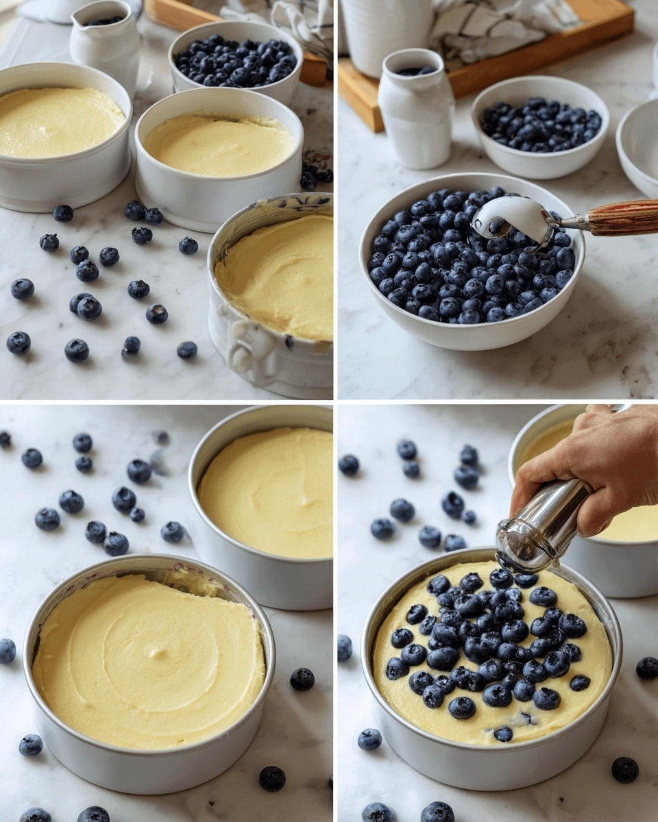 The first image shows three white round cake pans, each filled with smooth pale yellow batter, sitting on a white marbled surface with a small white bowl of fresh blueberries nearby. The second image has a white bowl containing more pale yellow batter with a pile of fresh blueberries on top and a wooden-handled spatula resting inside, all set against a white marbled surface with a wooden tray holding a small white pitcher and another bowl of blueberries in the background. The third image captures a woman's hand using a silver ice cream scooper to place blueberry-studded batter into one of the white round cake pans filled with pale yellow batter, on the same white marbled surface with scattered blueberries beside. The fourth image shows the three white round cake pans again, this time with batter mixed with blueberries spread evenly inside, with some blueberries visible in the pale yellow batter, all on the white marbled surface next to a small bowl of blueberries. photo taken with an iphone --ar 4:5 --v 7