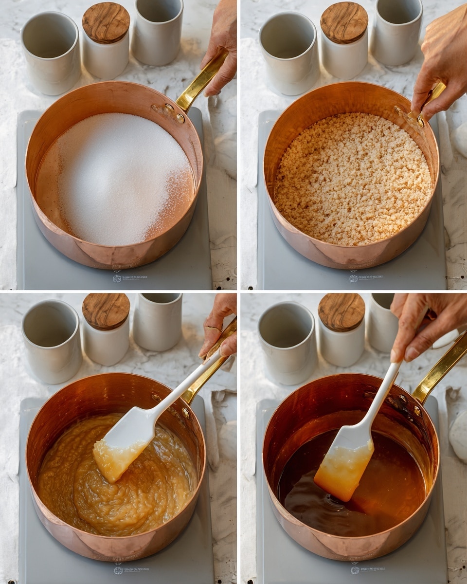 The image is a four-part collage showing a cooking process in a shiny copper pan on a light gray stove set on a white marbled surface. The first frame shows a layer of white granulated sugar filling the pan with a smooth surface. The second frame has a woman's hand holding a white spatula stirring the sugar, which has started to clump into light beige crumbly pieces covering the bottom of the pan. The third frame shows the sugar turning into a golden brown mixture of gooey, lumpy texture being stirred with the spatula by the woman's hand. The last frame shows the sugar fully melted into a smooth, dark amber caramel liquid, with the spatula lifting a small amount from the shiny surface. In the background, there are white ceramic containers with wooden lids and a gray cup on the white marbled surface photo taken with an iphone --ar 4:5 --v 7
