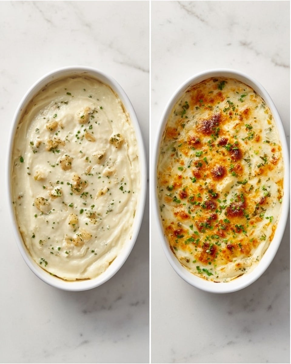 The image shows two white oval dishes placed side by side on a white marbled surface. The dish on the left contains a creamy, off-white mixture with a smooth texture and some small pieces and herbs scattered lightly on top. The dish on the right shows the same mixture after cooking, now topped with a lightly browned golden crust, some melted cheese texture, and bits of green herbs and small orange pieces spread evenly across the surface. Both dishes have a soft, rich appearance with visible herbs adding color contrast, and the edges of the dishes are clean with some browned spots from baking. photo taken with an iphone --ar 4:5 --v 7