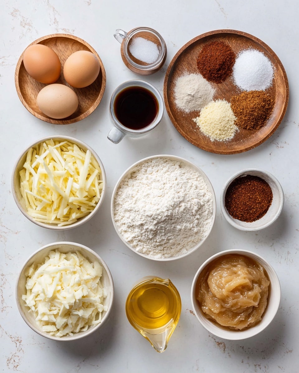 A collection of ingredients laid out on a white marbled surface, featuring ten white or wooden small bowls and plates arranged in a loose circle. At the top left, two light brown eggs rest on a small wooden plate next to a tiny white bowl filled with dark brown liquid. In the center, a medium white bowl holds a pile of white flour with a slightly rough texture. Above it to the right, a wooden plate contains five neatly separated piles of spices and powders in shades of white, light brown, dark brown, and reddish hues. Below that, a small glass jar is filled with dark syrup. To its left, a white bowl contains shredded pale yellow apple or vegetable pieces. Bottom center features a bowl of pale brown applesauce with smooth texture. Near it, a small glass pitcher holds clear golden liquid. Bottom left has a white bowl filled with a fluffy white soft cheese or dairy product, and next to it a bowl of light brown granulated sugar. All items are evenly spaced and clearly visible. Photo taken with an iphone --ar 4:5 --v 7