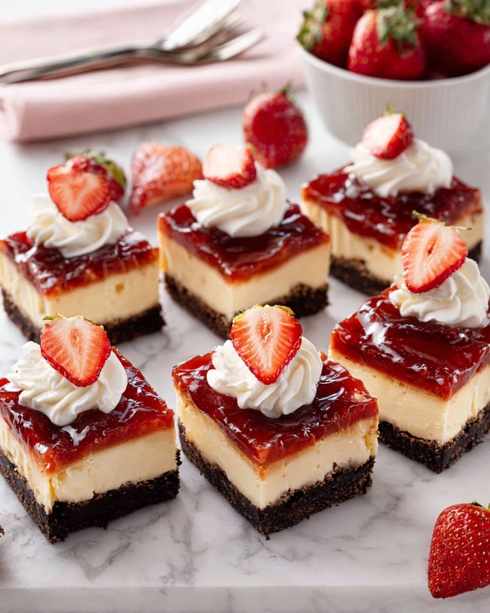 The image shows nine square slices of cheesecake arranged in three rows on a white marbled surface. Each slice has three layers: a dark brown crumbly base, a thick creamy pale yellow middle, and a shiny red jelly-like top with swirls of strawberry jam. On top of each slice, there is a small white swirl of whipped cream, and some slices are garnished with a bright red half strawberry placed on or near the whipped cream. Around the cheesecake slices, there are whole and halved fresh strawberries, and in the background, a white bowl filled with strawberries is visible along with some silver forks and soft pink napkins. The photo taken with an iphone --ar 4:5 --v 7