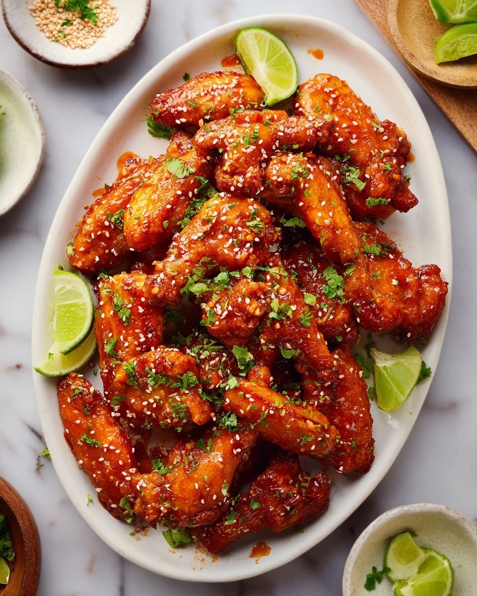 A white oval plate filled with many bright orange-red chicken wings coated in a glossy sauce, sprinkled with white sesame seeds and chopped green herbs. The chicken wings form a high pile in the center of the plate with lime wedges scattered around the edges beneath some wings, adding green color contrast. The plate sits on a white marbled surface and there are small white dishes around with lime slices and sesame seeds visible. photo taken with an iphone --ar 4:5 --v 7