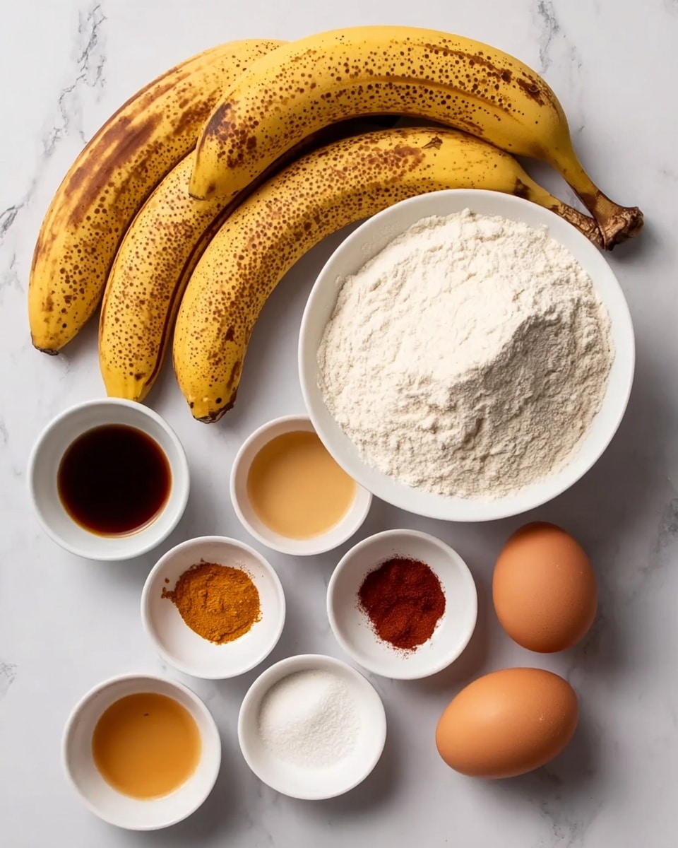 Three ripe bananas with brown spots lie on a white marbled surface. Below them, a white bowl is filled with a mound of white flour. Surrounding the bowl are smaller white bowls and dishes holding different ingredients: a light brown liquid, a dark brown liquid, a small amount of orange-brown powder, a small quantity of reddish powder, and a tiny pile of white salt. To the right, two brown eggs rest directly on the white marbled surface. All items are neatly arranged with clear spaces between them. Photo taken with an iphone --ar 4:5 --v 7