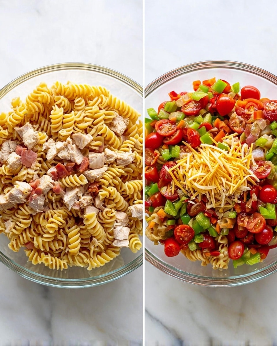 A clear glass bowl sits on a white marbled surface, filled with spiral pasta mixed with pieces of cooked chicken, halved red cherry tomatoes, and diced green and red bell peppers. In the first image, the ingredients are neatly arranged in separate sections, showing distinct layers of yellow pasta, light brown chicken chunks, bright red tomatoes, and fresh green and red pepper pieces. In the second image, all the ingredients are combined and mixed evenly, with small bits of shredded yellow cheese spread throughout, creating a colorful and textured pasta salad. Photo taken with an iphone --ar 4:5 --v 7