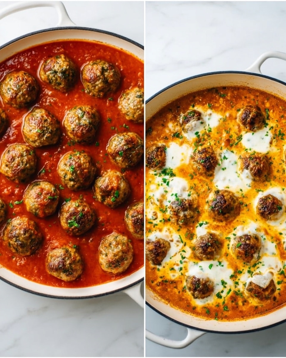 The image shows two white deep pans on a white marbled surface. The left pan is filled with many golden-brown meatballs evenly placed on a bright red tomato sauce. The meatballs are round and have some green herb bits on top. The right pan contains the same meatballs in a creamy, orange-colored sauce with white dollops of melted cheese scattered on the top, sprinkled lightly with green herbs. Both pans have a smooth, shiny texture in the sauce, making the meatballs look juicy and rich. photo taken with an iphone --ar 4:5 --v 7