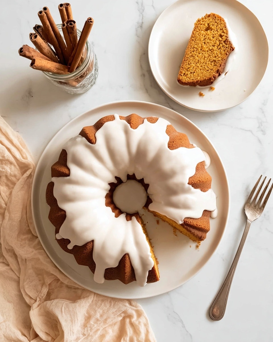A round bundt cake with a light brown color is placed on a white plate on a white marbled surface. The cake has a thick layer of smooth white icing dripping down from the top in irregular waves. A slice has been removed, revealing a soft, moist, orange-brown inside that matches the cake's outer color, resting on a separate white plate nearby. To the left of the cake, a small clear jar holds several cinnamon sticks standing upright. A silver fork lies next to the slice on the right side of the image, and a creamy beige cloth is draped softly on the lower left corner. The photo taken with an iphone --ar 4:5 --v 7