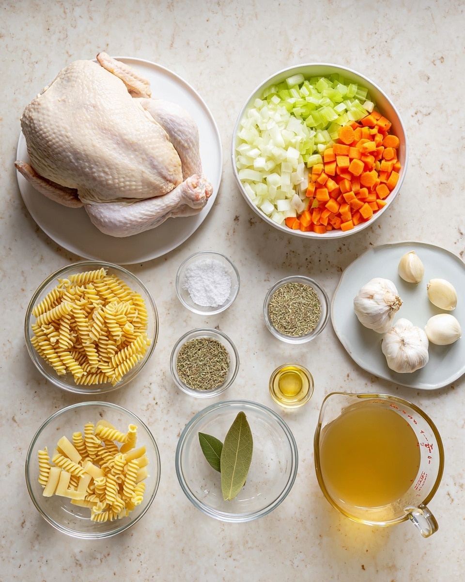 The image shows ingredients for a meal arranged neatly on a white marbled surface. At the center towards the top is a large raw chicken piece with pale skin on a white plate. Below it, there is a white bowl filled with three layers of chopped vegetables: orange carrots on the left, white onions on the top right, and green celery on the bottom right. On the bottom left, a clear glass bowl holds dry yellow spiral pasta. On the far left are two small clear bowls, one with three light yellow butter sticks and the other with three types of dried herbs placed side by side. On the top right, a small clear bowl contains two whole garlic cloves, and next to it is a single green bay leaf. Below the garlic, a white artistic plate is sectioned into four parts with yellow, green, dark speckled, and brown spices. Further right, a small clear bowl has salt, and above that is a small clear bowl with golden oil. At the bottom right, a clear glass measuring cup is filled with light brown broth. Photo taken with an iphone --ar 4:5 --v 7