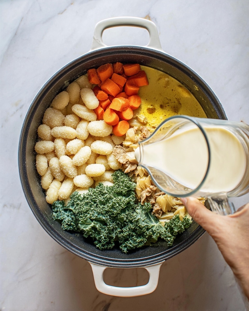 A black pot with white handles sits on a white marbled surface, filled with four main layers of ingredients arranged separately: on the left, light cream-colored gnocchi is piled up with a slightly powdery texture; next to it are orange carrot pieces mixed with small chunks of light brown meat and a golden yellow sauce beneath; on the right side is a large bunch of fresh dark green kale leaves with a curly texture; and near the center, creamy white liquid is being poured from a clear glass measuring cup held by a woman's hand over the other layers. Photo taken with an iphone --ar 4:5 --v 7