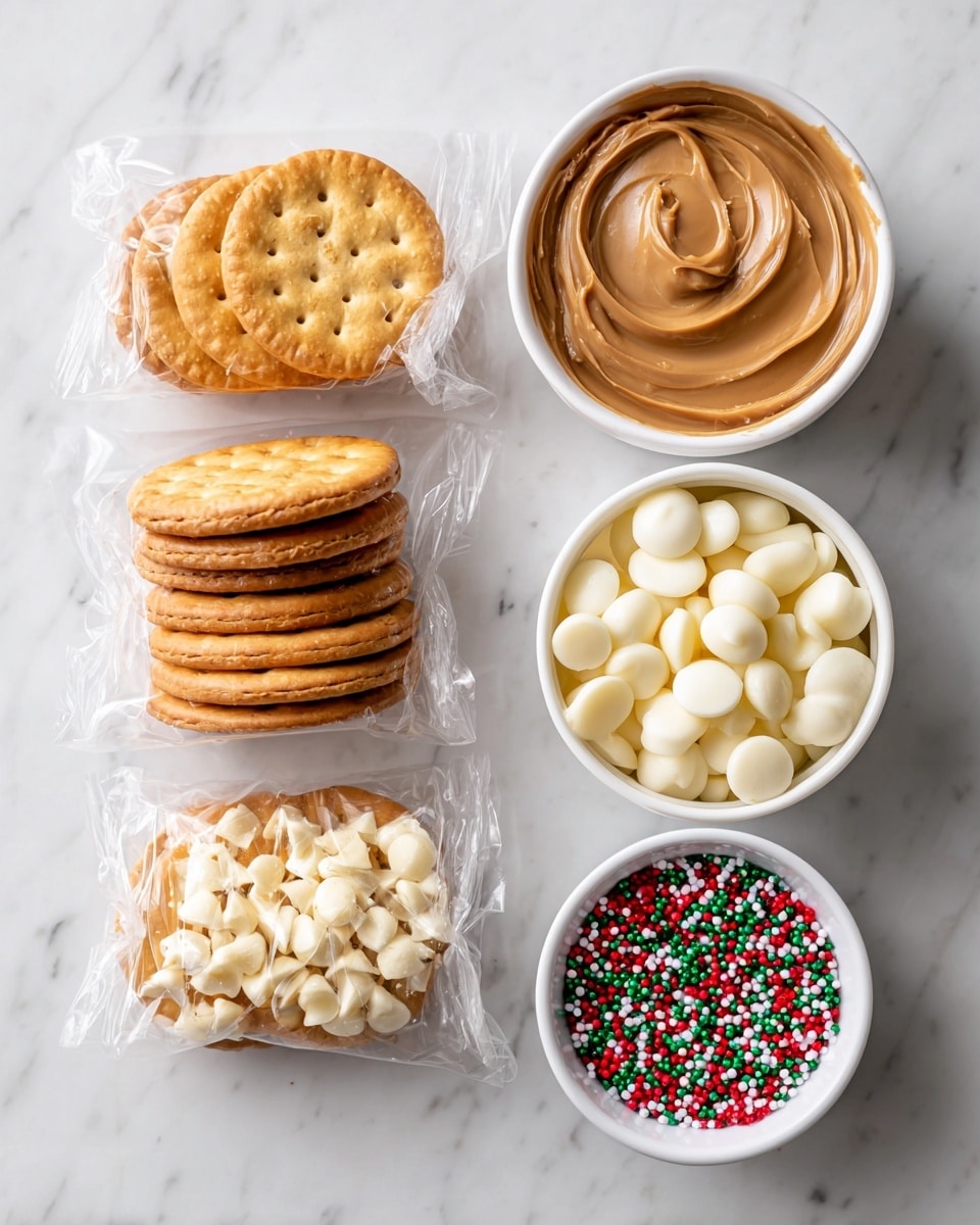 The image shows four ingredients arranged on a white marbled surface. On the left, there are two stacks of round, golden brown ritz crackers in clear plastic wraps. To the right of the crackers is a small white bowl filled with smooth, light brown peanut butter. Further right, there is another small white bowl filled with creamy white chocolate chips. Below the chocolate chips, a smaller white bowl holds round sprinkles in red, white, and green colors. The scene is bright and clear, with everything neatly placed, ready for use. photo taken with an iphone --ar 4:5 --v 7