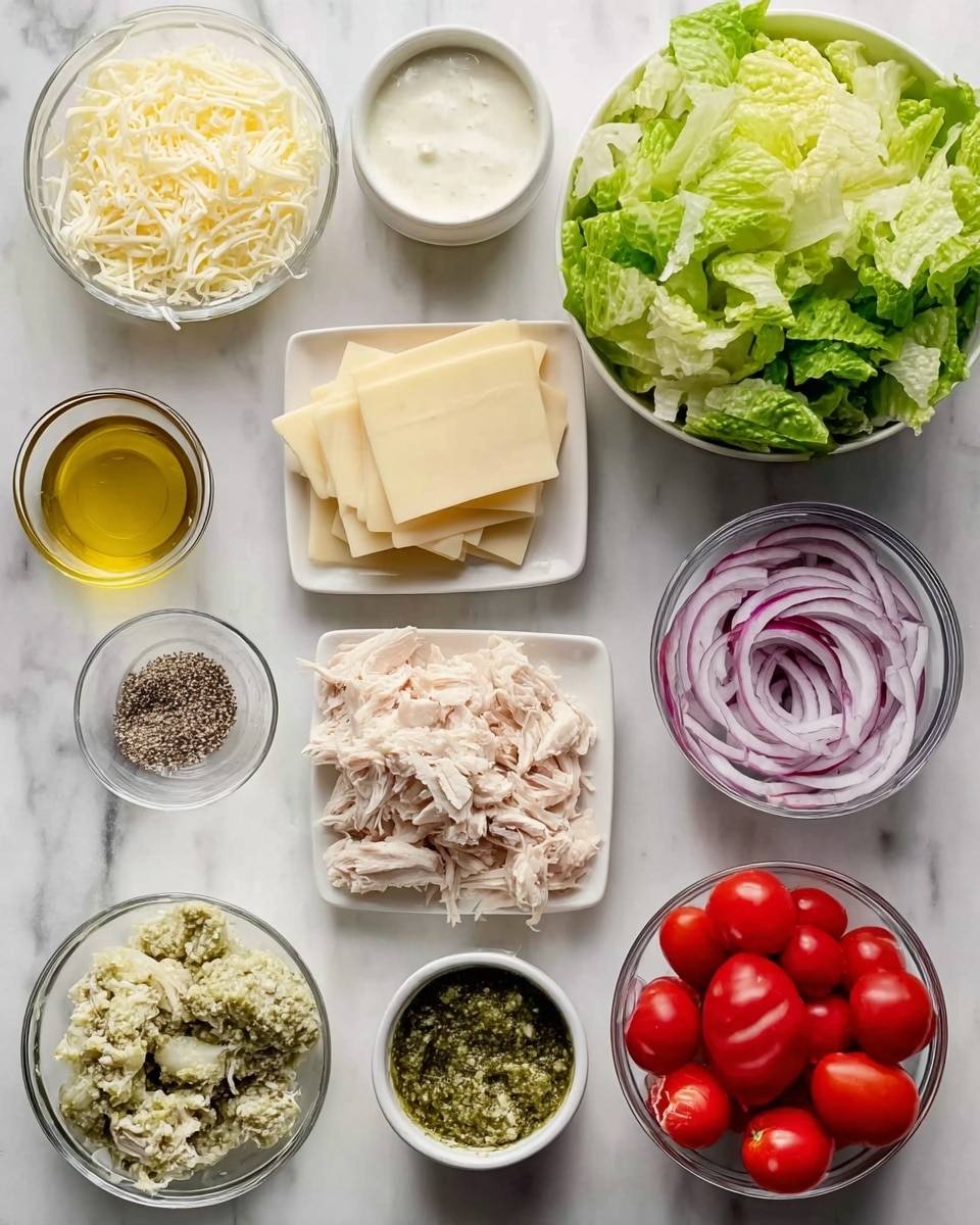 The image shows ten small containers arranged on a white marbled surface, each holding different fresh ingredients. Starting from the top left, there is a bowl of shredded pale yellow cheese, next to a bowl of creamy white dressing, and a large bowl filled with bright green leafy lettuce. Below the lettuce, there is a white plate stacked with square slices of light yellow cheese. To the right of the cheese plate is a bowl of whole red grape tomatoes, and below that is a bowl with thinly sliced red onions featuring purplish rings. Centered near the middle is a bowl of shredded pale cooked chicken. Scattered among these are smaller bowls with coarse black pepper, pesto sauce with a green textured surface, coarse salt, and a small container with golden olive oil, all neatly arranged, photo taken with an iphone --ar 4:5 --v 7