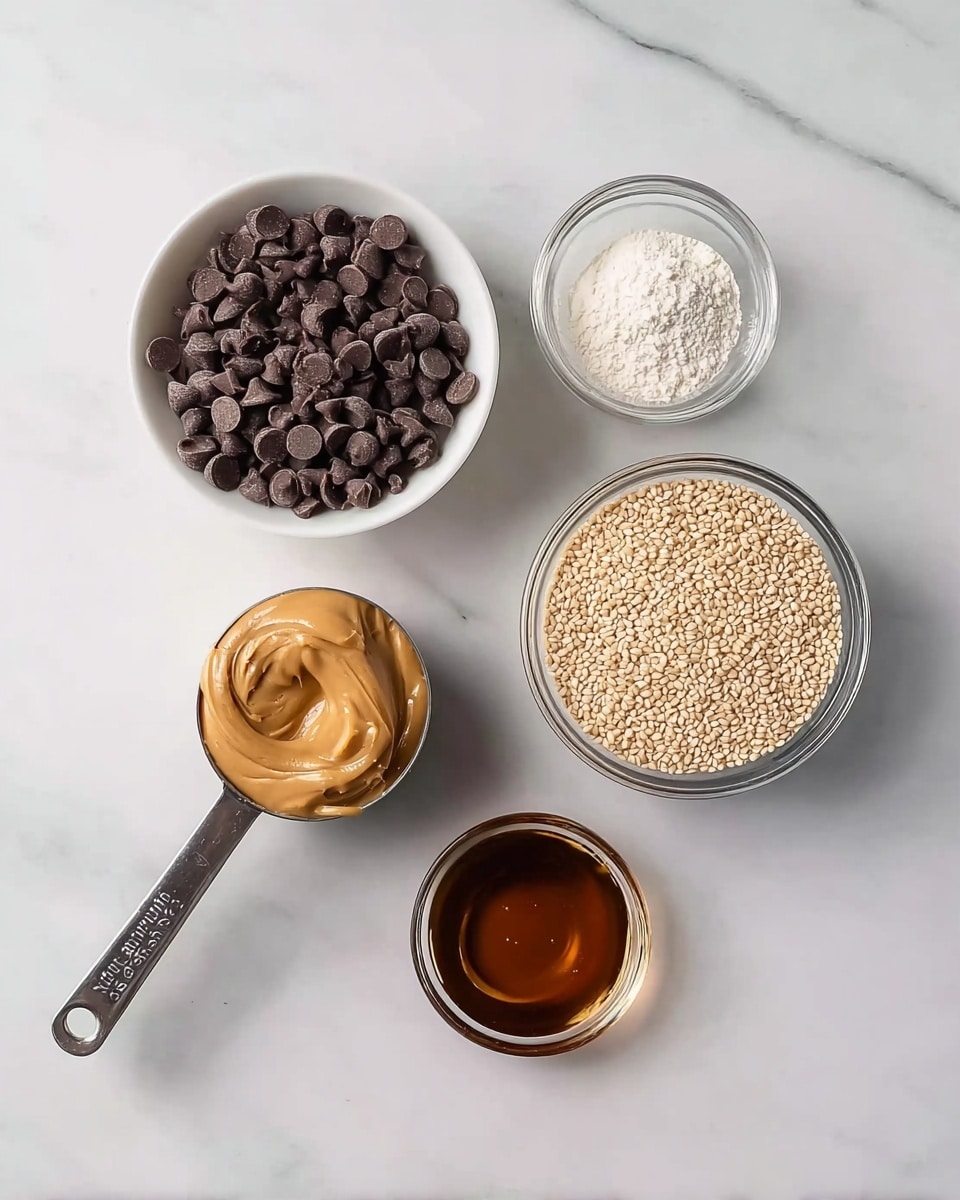 Five ingredients are shown from above on a white marbled surface, arranged in a loose cross shape. At the top left, a white bowl is full of small, dark brown chocolate chips. To the right, a clear glass bowl holds a fine white powder. Below this, another clear glass bowl contains light brown sesame seeds with a textured surface. To the right of the sesame seeds, a small clear glass bowl has a dark amber liquid. At the bottom left, a metal measuring cup filled with smooth light brown peanut butter lies with its handle pointing left. Photo taken with an iphone --ar 4:5 --v 7