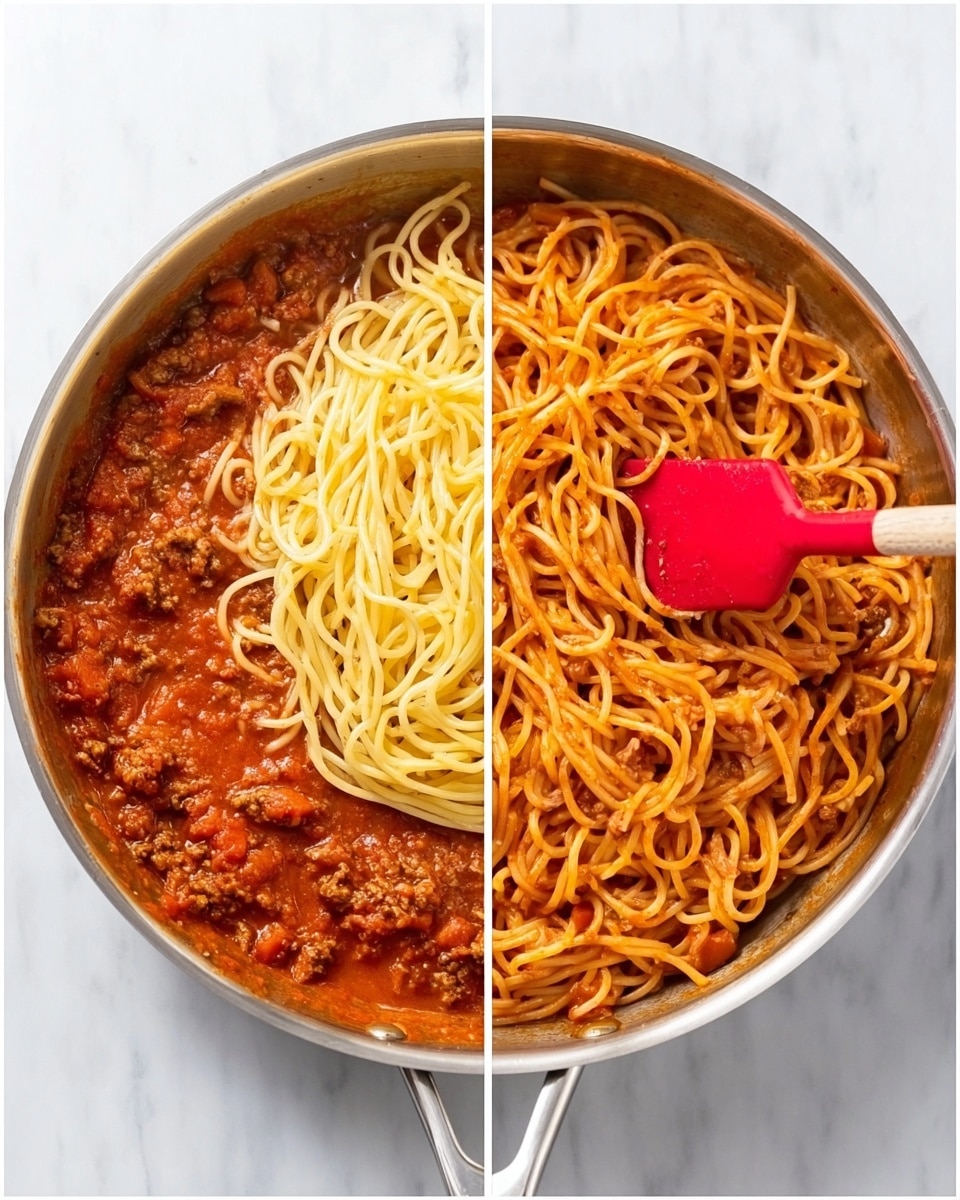 The image shows a silver pan placed on a white marbled surface, containing two stages of spaghetti preparation. On the left side, there is a layer of thick red tomato-based sauce mixed with some meat pieces, filling most of the pan, with a large portion of plain yellow spaghetti noodles resting on top. A woman's hand holding a red spatula is seen partially stirring the noodles into the sauce. On the right side, the spaghetti and sauce are fully mixed, creating a uniform layer of orange-red spaghetti with visible small bits of meat and tomato spread evenly throughout the pan. The sauce looks smooth and slightly glossy, coating the noodles well. Photo taken with an iphone --ar 4:5 --v 7