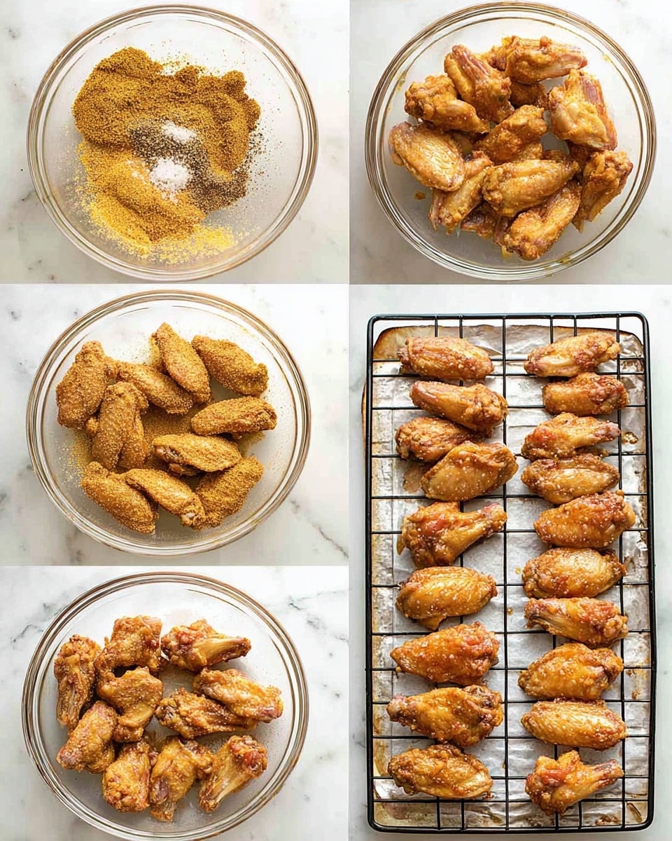 The image shows six steps of preparing chicken wings arranged in a 2x3 grid on a white marbled surface. Step 1 displays raw chicken wings inside a clear glass bowl, sprinkled with black pepper and salt. Step 2 shows the wings in the same bowl, now covered with a yellow-brown dry spice mix evenly spread over the wings. Step 3 depicts the wings fully coated with the spice mix, slightly darker in color. Step 4 presents the wings laid out single layer on a white baking sheet, spaced evenly. Step 5 reveals the wings now cooked to a light golden brown, placed on a black wire rack over the white baking sheet lined with foil. Step 6 shows the wings fully cooked to a darker golden brown, with slight crispiness visible. photo taken with an iphone --ar 4:5 --v 7