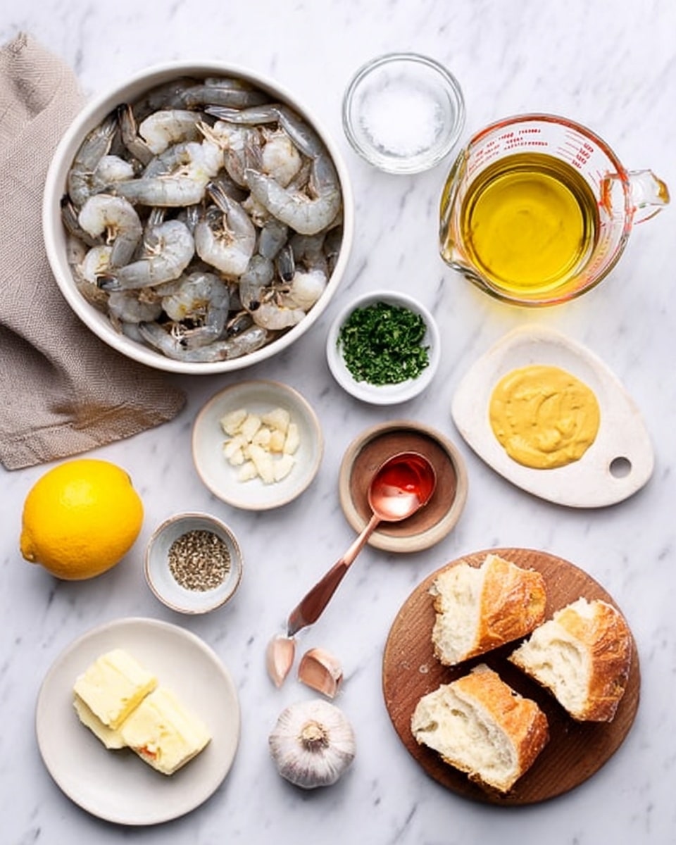 The image shows a white marbled surface with several ingredients arranged neatly. On the left side, there is a white bowl filled with uncooked gray shrimp. To the right, there is a glass measuring cup with light yellow oil or liquid. Above the shrimp, a small glass bowl holds chopped green herbs, and next to it, a copper spoon contains a yellow mustard sauce. In the center, a small clear glass container has a small amount of salt, and another small white dish holds peeled garlic cloves. Below these, there is a bright yellow lemon. To the right, a white plate has two small pats of butter. On the right side, a round wooden board holds torn pieces of white bread. Lastly, another small white dish contains ground black pepper, and a small glass bowl holds a red chili sauce. A woman's hand is not present. photo taken with an iphone --ar 4:5 --v 7