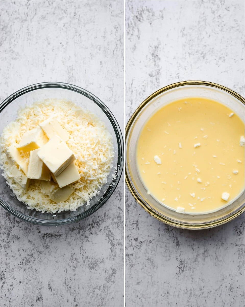 The image shows two clear glass bowls side by side on a white marbled surface. The left bowl contains a mix of white shredded flakes and several solid white blocks stacked on top, creating a textured, layered look with uneven pieces that appear soft. The right bowl holds a smooth, pale yellow liquid mixture with small white bits scattered evenly throughout, appearing creamy and slightly thick. Both bowls are transparent and sit directly on the textured white marbled surface, captured from above. Photo taken with an iphone --ar 4:5 --v 7