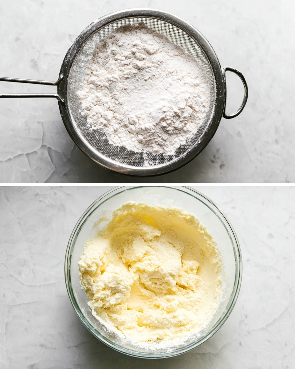 The image shows two side-by-side photos of baking preparation steps on a white marbled surface. On the left, a metal sieve holds white flour with a fine, powdery texture and some cracks visible on top, the sieve positioned with its handle extending to the left. On the right, there is a clear glass bowl filled with a creamy, pale yellow mixture that looks soft and fluffy with some texture from being mixed. The bowl is round and transparent, showing the mixture clinging slightly to the sides. Photo taken with an iphone --ar 4:5 --v 7