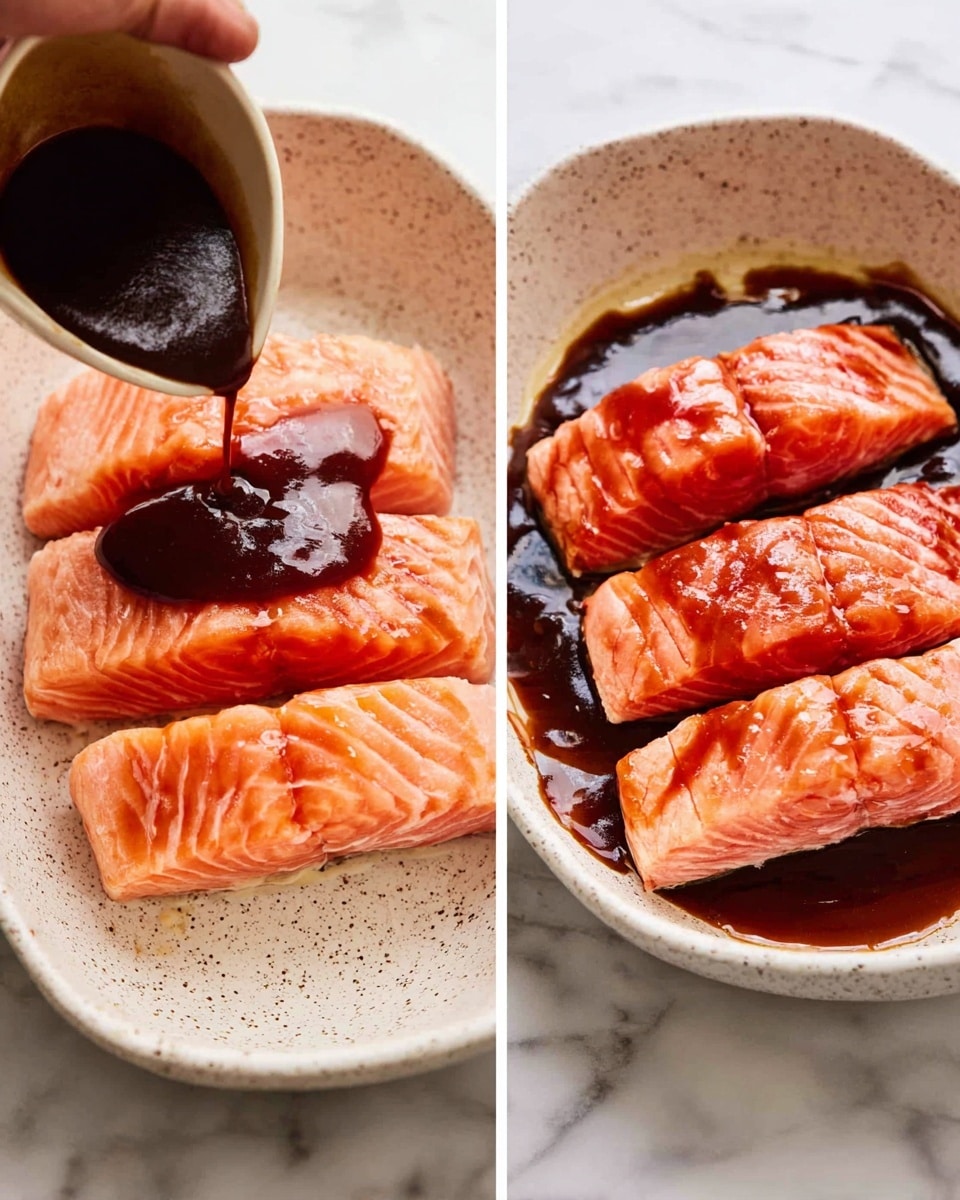 The image shows two close-up views side by side of three pieces of raw pink salmon placed in a white speckled dish on a white marbled surface. On the left side, a woman's hand is pouring a thick dark brown sauce over the middle piece of salmon in the dish. On the right side, the three salmon pieces are coated evenly with the glossy dark sauce, resting in the dish with some of the sauce pooled around them, showing a shiny texture on the fish. Photo taken with an iphone --ar 4:5 --v 7