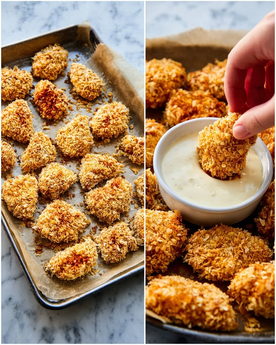 The image shows two panels: on the left, a metal baking tray lined with parchment paper holding 15 raw nuggets coated in rough, golden, cornflake-like crumbs. On the right, a white small bowl filled with creamy white dipping sauce sits in the center of the image, surrounded by a ring of cooked, crispy, golden-brown nuggets with a crunchy texture. A woman's hand is dipping one nugget into the sauce, highlighting its coarse crumb coating and warm color tones. The background is a white marbled surface. photo taken with an iphone --ar 4:5 --v 7