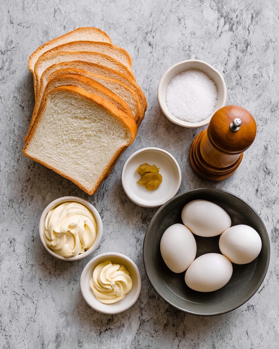 The image shows six slices of white bread stacked on the left side, soft and fluffy with a light crust. To the right of the bread, there are two small white bowls; the top one contains a small dollop of yellow mustard, and the bottom one has a larger amount of creamy mayonnaise with swirled texture. Next to these bowls stands a wooden pepper grinder with a smooth, rich grain. Above the pepper grinder, a white marble bowl holds coarse white salt. To the far right, a dark gray bowl contains six smooth, peeled hard-boiled eggs with a shiny surface. All items are arranged on a white marbled texture background. Photo taken with an iphone --ar 4:5 --v 7