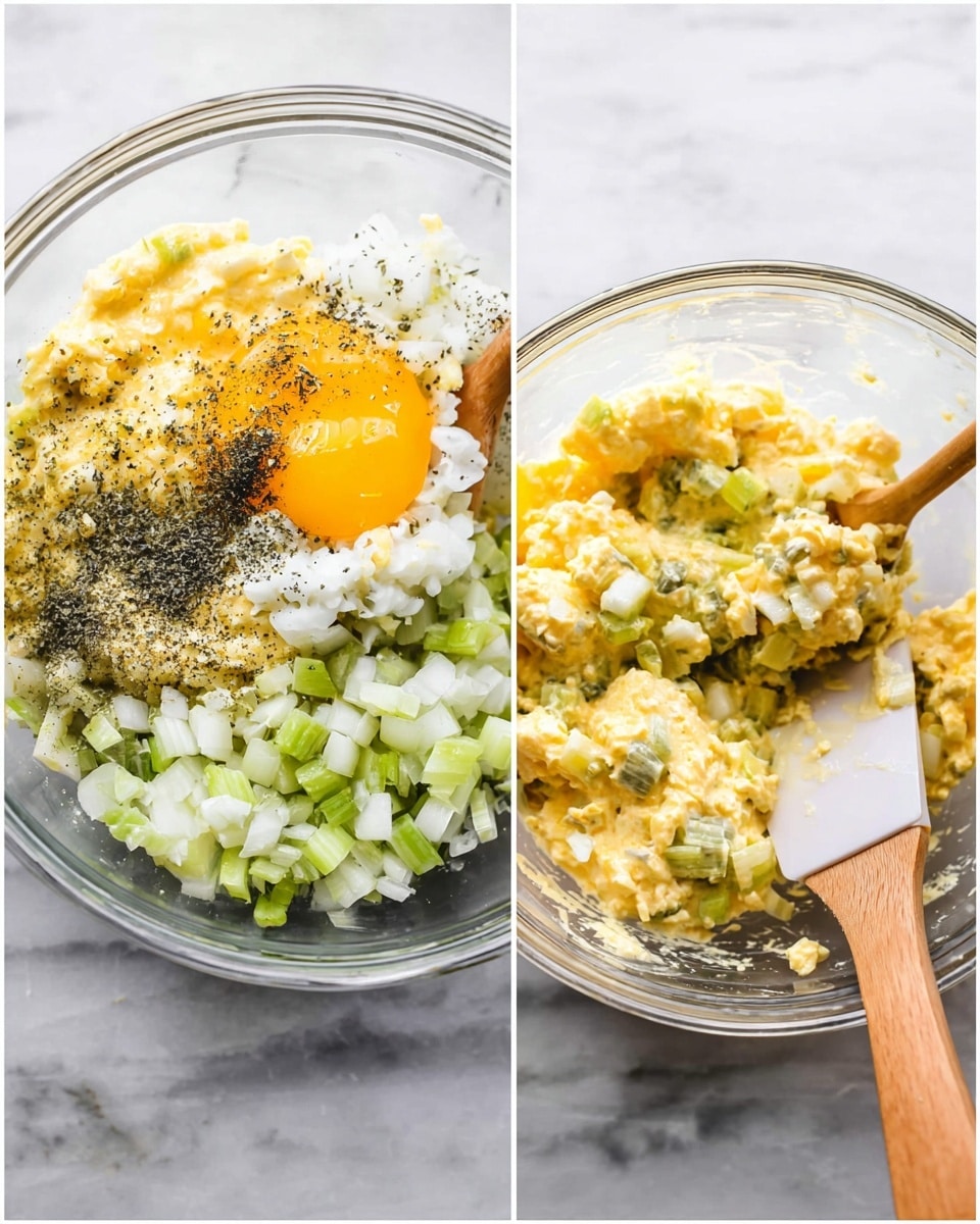 The image shows two clear glass bowls on a white marbled surface. The left bowl has layers of finely chopped yellow egg yolk, white mayonnaise topped with black pepper, light green chopped celery, white chopped onions, and a dollop of yellow mustard in the center. The right bowl shows the same ingredients mixed together, creating a creamy yellow salad with small pieces of vegetables visible. A wooden spatula with a white silicone end is resting inside the right bowl. Photo taken with an iphone --ar 4:5 --v 7