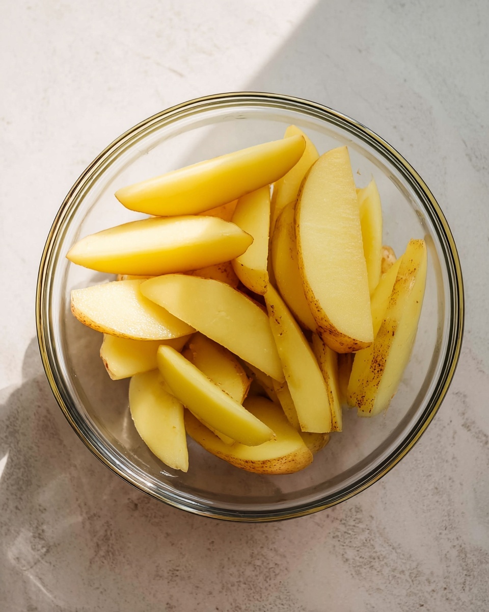 Crispy Spiced Oven-Baked Steak Fries Recipe 1 A clear glass bowl filled with several thick wedges of raw yellow potatoes with skin on, arranged loosely in layers inside the bowl. The bowl is placed on a white marbled surface that reflects soft natural light, highlighting the smooth texture and pale yellow color of the potato wedges. The potatoes appear fresh with some light brown skin patches visible. photo taken with an iphone --ar 4:5 --v 7