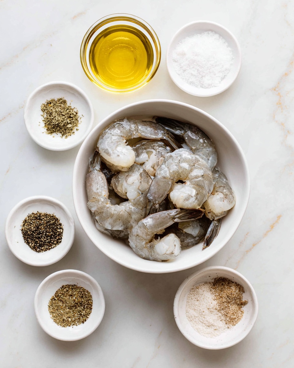 Air Fryer Shrimp Recipe 1 A white bowl filled with raw shrimp, which are gray with some white parts, placed in the center on a white marbled surface. Surrounding the bowl are five small white dishes, each with a different ingredient: at the top center is a glass container with golden olive oil, to the right is a dish with white salt, at the bottom right is a dish with light brown garlic powder, at the bottom left is a dish with black pepper, and to the left is a dish with greenish-brown Italian seasoning. Each ingredient is neatly displayed, with clear labels in black text on white backgrounds above or beside them. The overall arrangement is clean and organized, with a bright and light feel. Photo taken with an iphone --ar 4:5 --v 7