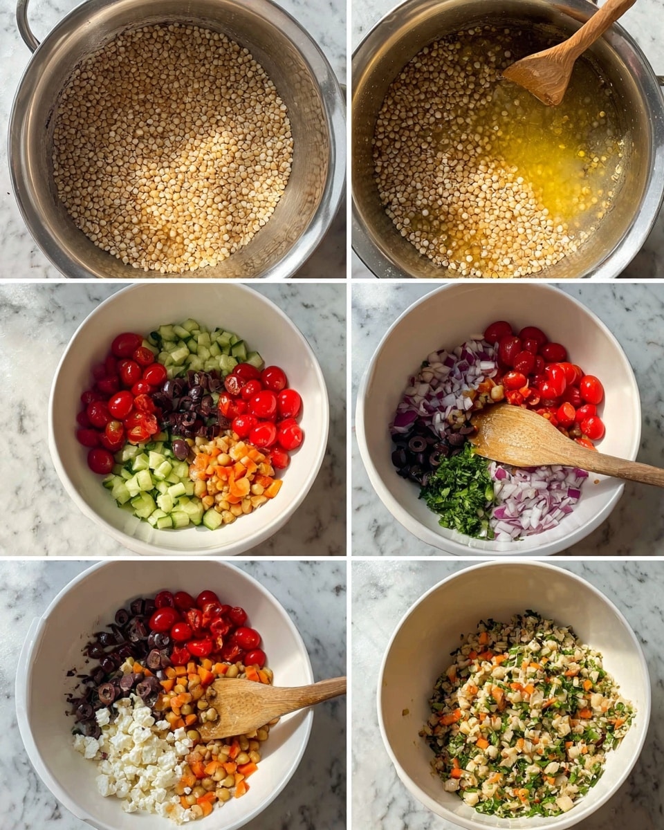 The image shows a step-by-step cooking process in six frames: The first frame has a silver pot with small round light beige grains being stirred with a wooden spoon. The second frame shows the same pot with the same grains now soaking in clear liquid and the wooden spoon inside. The third frame shows the grains in the pot appearing puffier and the wooden spoon mixing them. The fourth frame displays a white bowl containing the cooked grains mixed with a yellow oily liquid and a wooden spoon resting inside. The fifth frame shows the same white bowl filled with the grains surrounded by chopped colorful ingredients arranged in sections: red cherry tomatoes, dark olives, white crumbled cheese, green herbs, chopped orange carrots, and diced red onions. The last frame displays the ingredients mixed together in the white bowl, showing a colorful salad with beige grains, green cucumber pieces, red tomatoes, black olives, white cheese, and greens all blended. The surface under the bowl is a white marbled texture photo taken with an iphone --ar 4:5 --v 7