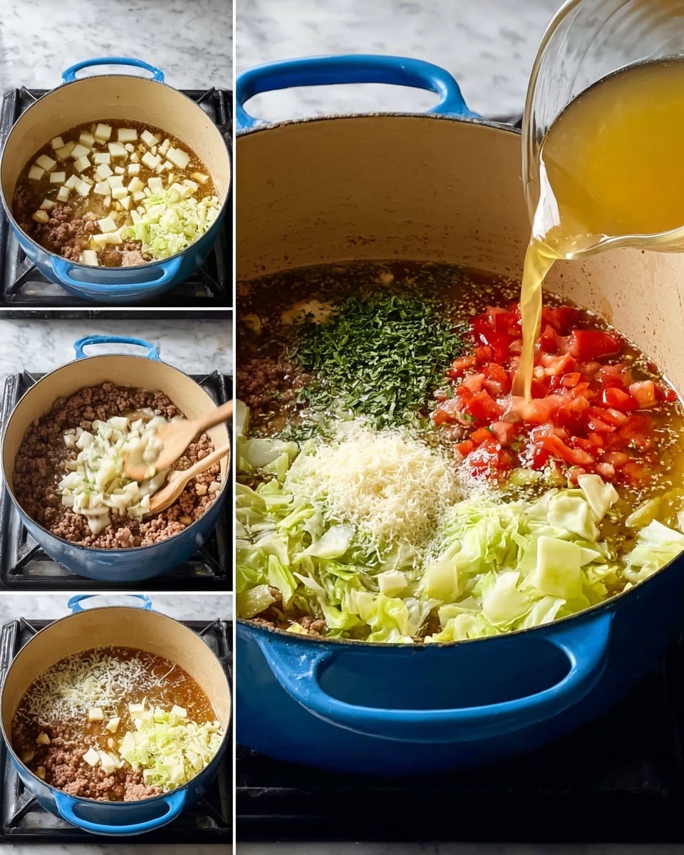 A blue pot shows eight cooking steps on a white marbled stove. First, two cubes of butter melt warmly in the pot's cream interior. Next, small chopped onion pieces are added on top of the butter, filling nearly half of the pot. Then, a thick layer of raw ground meat with small garlic bits sits on the softened onions. The fourth step adds big chopped pieces of light green cabbage that cover the meat fully. The fifth shows added bright red diced tomatoes, fresh green herbs, and dried green herbs sitting next to each other over the cabbage layer. In the sixth, a woman's hand pours golden broth from a clear glass cup over the mixture. The pot now looks full with a mix of cabbage, meat, tomatoes, and herbs floating in broth. The seventh step shows grated cheese sprinkled thickly above everything, melting slowly in the liquid. Finally, the stew becomes rich and brown with visible cabbage, meat, and cheese melting together, a wooden spoon stirring inside the pot. Photo taken with an iphone --ar 4:5 --v 7