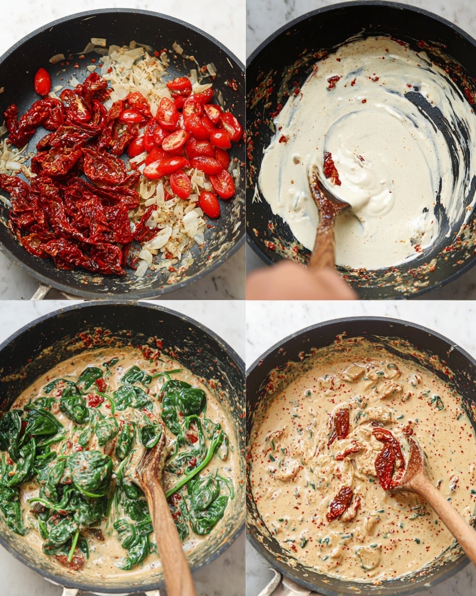 In a black pan on a white marbled surface, the first layer shows chopped red cherry tomatoes and white onion pieces mixed with sun-dried tomatoes that are dark red and wrinkled. The second layer adds a creamy white sauce being poured over the tomato and onion mix, creating a contrast with the red colors and some dark browned bits on the pan. The third layer is a thick creamy sauce with the red cherry tomato pieces, light brown specks, and a smooth textured surface with marks made by stirring. The last layer shows fresh green spinach leaves being stirred in, coated with the creamy light brown sauce that has red tomato bits and dark speckles throughout. A woman's hand with a wooden spoon is stirring in the final picture. Photo taken with an iphone --ar 4:5 --v 7