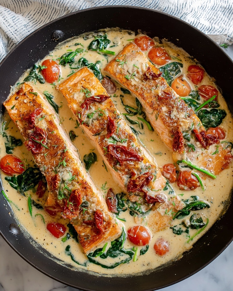 In a shallow black pan, three thick pieces of cooked salmon with a golden-brown crust lie flat in a creamy beige sauce, rich with visible specks of herbs. The sauce covers the pan bottom and partly drapes the salmon, mixed with bright green spinach leaves and halved small red cherry tomatoes scattered around. Sun-dried tomato slices add a darker red contrast on top of the salmon pieces. The pan rests on a white marbled surface with a soft focus white and blue striped cloth behind it. photo taken with an iphone --ar 4:5 --v 7
