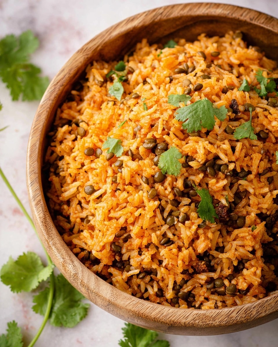 A close-up view of a wooden bowl filled with bright orange rice mixed with small green lentils and brown bits of cooked ingredients scattered throughout. Fresh green cilantro leaves are sprinkled on top, adding a pop of color and freshness. The bowl rests on a white marbled surface, with a few cilantro leaves casually placed beside it. The texture of the rice looks soft and fluffy, with the grains clearly separated. photo taken with an iphone --ar 4:5 --v 7