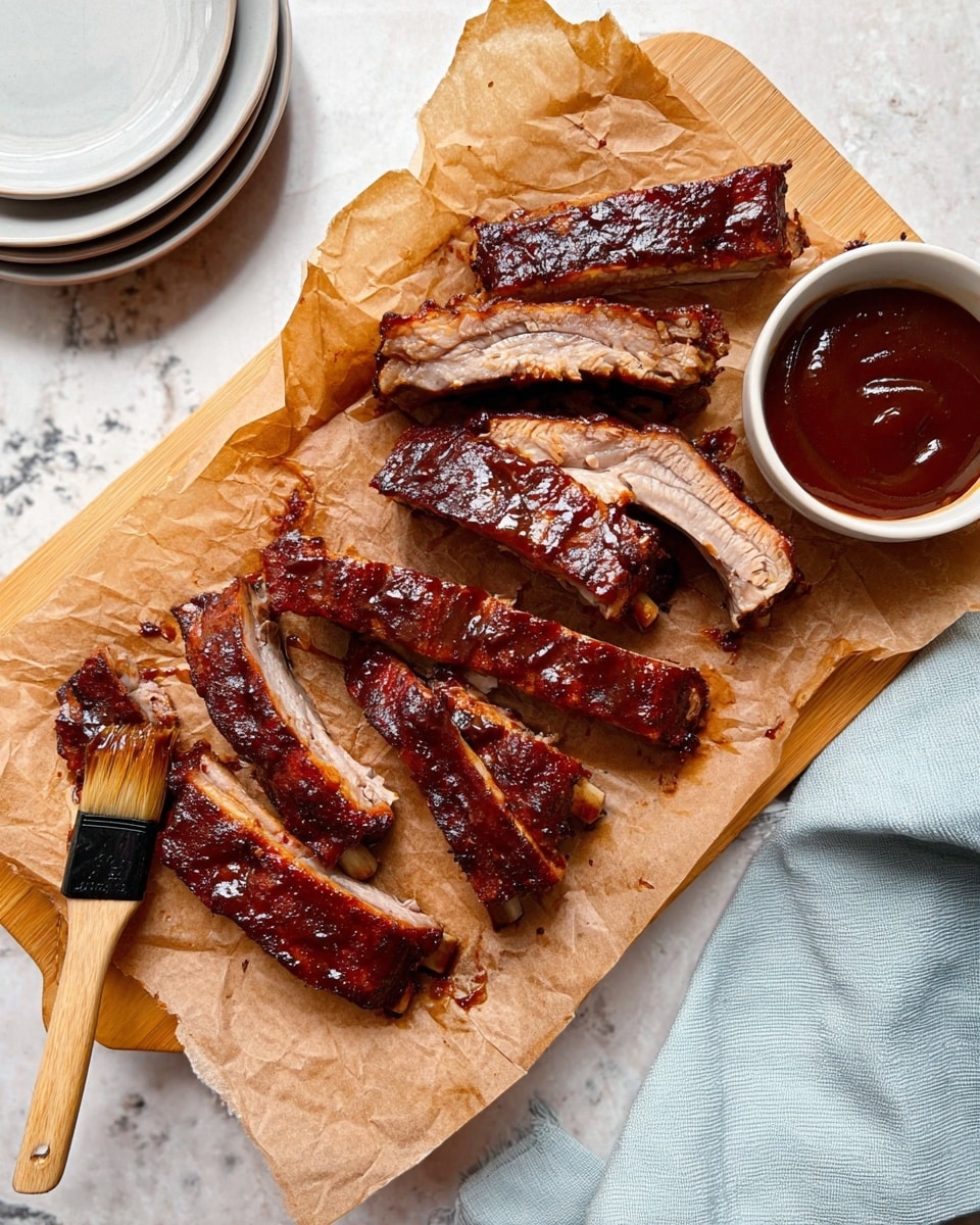 A wooden board lined with crinkled brown paper holds several thick slices of ribs covered in dark brown, shiny sauce, showing the smoky, tender meat inside. On the top right of the board sits a small white bowl filled with smooth, rich barbecue sauce. A black brush with a wooden handle rests on the bottom left corner of the board, partly on the paper. The background is a white marbled surface with a small stack of white plates on the top left and a folded light blue cloth napkin on the right side. photo taken with an iphone --ar 4:5 --v 7