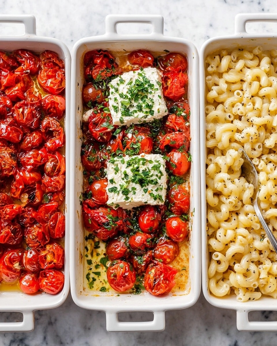 Three white rectangular baking dishes are shown side by side on a white marbled surface, each with a different stage of a pasta dish. The first dish holds whole roasted cherry tomatoes with wrinkled red skin, surrounding a block of soft white cheese topped with chopped green herbs. The second dish shows the tomatoes partially mashed, mixing with melted white cheese and more green herbs, all in a golden oily liquid. The last dish is filled with creamy elbow-shaped pasta, mixed thoroughly with the tomato and cheese sauce with small flecks of black pepper and herbs, and a spoon resting inside. Photo taken with an iphone --ar 4:5 --v 7
