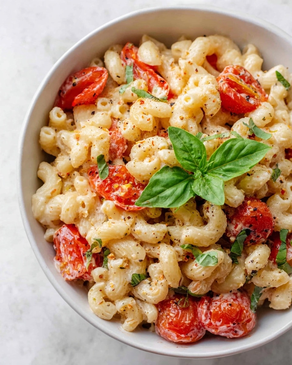 A white bowl filled with a creamy pasta dish made of short, curved macaroni noodles coated in a light cream sauce. Mixed in are bright red cherry tomatoes that look soft and slightly cooked, adding pops of color throughout. Fresh green basil leaves are placed on top as a garnish, giving a fresh touch. The whole dish has a slightly textured look from the sauce and small seasoning bits, sitting on a white marbled surface. photo taken with an iphone --ar 4:5 --v 7