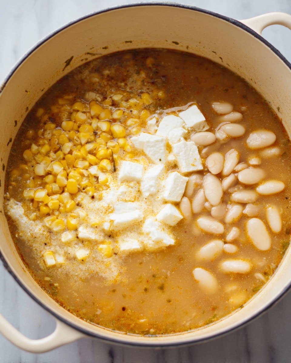 The image shows a close-up of a white enamel pot filled with a soup that has several visible layers. At the bottom, there is a light brown broth with small bits and spices floating in it. On top, there are three distinct sections: one with soft white cheese chunks, one with yellow corn kernels, and one with small white beans. The soup looks warm and slightly thick. The pot is placed on a white marbled surface. Photo taken with an iphone --ar 4:5 --v 7
