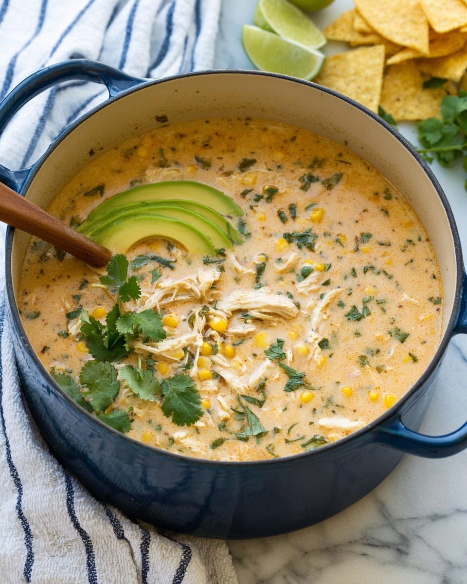 The image shows a deep blue pot filled with creamy soup that has a light orange color with green herbs mixed in. The soup contains small pieces of pale shredded chicken, yellow corn kernels, and chopped green vegetables. On one side of the pot, there are thin slices of fresh green avocado neatly arranged in a fan shape on top of the soup. Fresh cilantro leaves are scattered across the soup’s surface. A wooden spoon rests inside the pot with its edge partially submerged. In the background, there are light yellow tortilla chips and lime wedges placed on a white marbled surface. The pot sits on a white cloth with blue stripes. Photo taken with an iphone --ar 4:5 --v 7