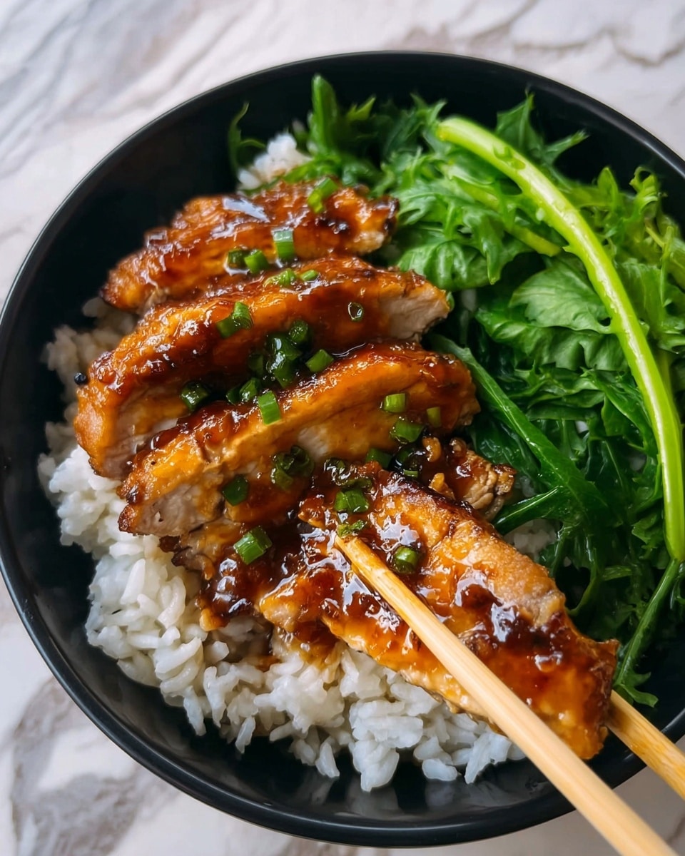 A black bowl holds a layered dish starting with a base of white rice, slightly fluffy and separated grains. On top, there are several pieces of golden-brown, glazed chicken cut into thick slices with a shiny, sticky sauce coating, garnished with small green bits. To one side, bright green leafy vegetables with long stems lay fresh and slightly wilted. A pair of light-colored chopsticks holds a piece of chicken above the rice. The bowl sits on a white marbled surface. photo taken with an iphone --ar 4:5 --v 7