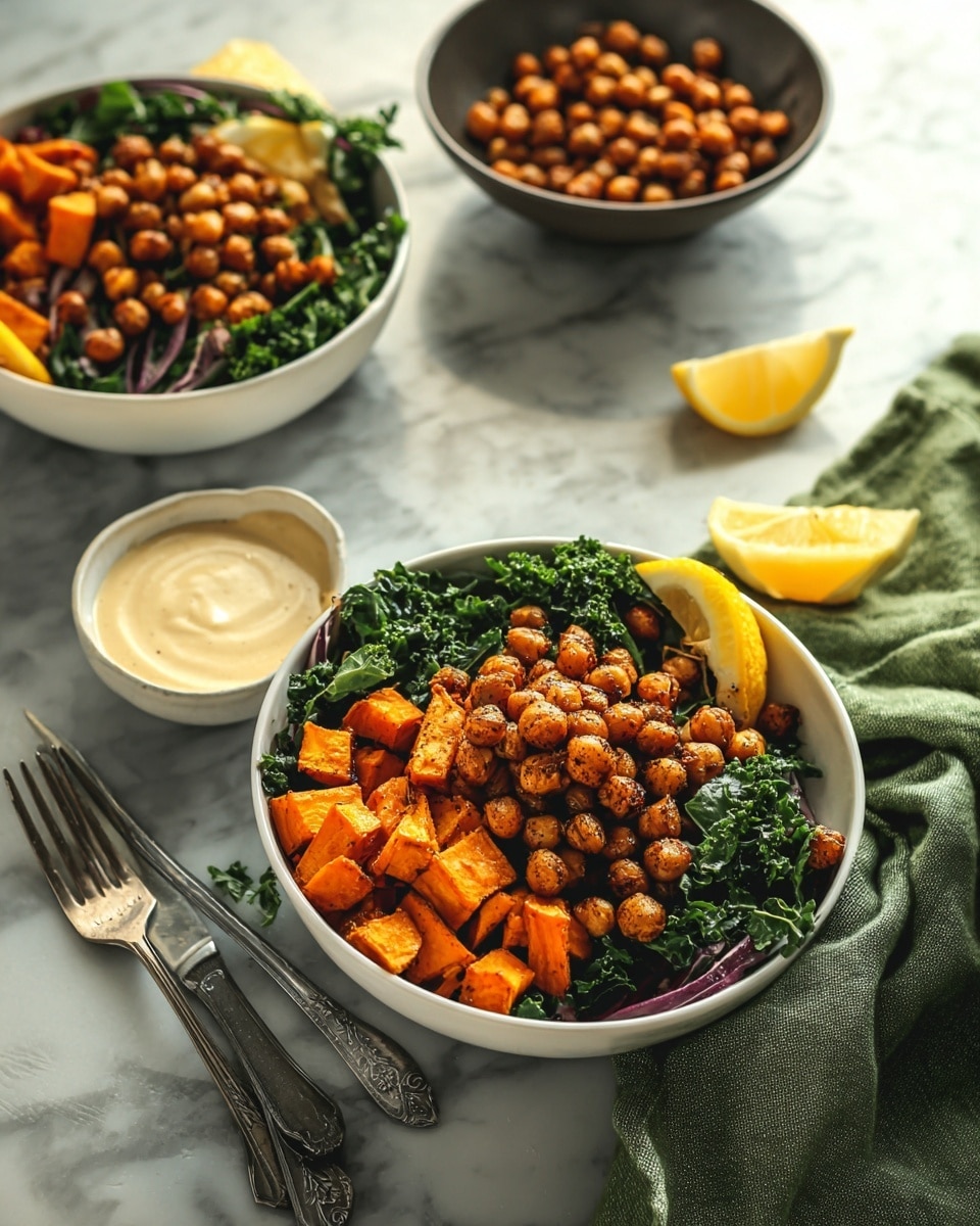 The image shows a white bowl filled with three layers: roasted orange sweet potato chunks on the left, bright green cooked leafy kale in the center and right, and golden brown roasted chickpeas piled on top, giving a crunchy texture. Behind this bowl is another white bowl with the same contents. A small dark bowl full of roasted chickpeas is above the bowls. A small white bowl of creamy beige dressing is on the left side, resting on a green cloth with a silver fork. Two lemon wedges are placed on the white marbled surface near the bowls. The photo has warm, natural light with soft shadows, photo taken with an iphone --ar 4:5 --v 7