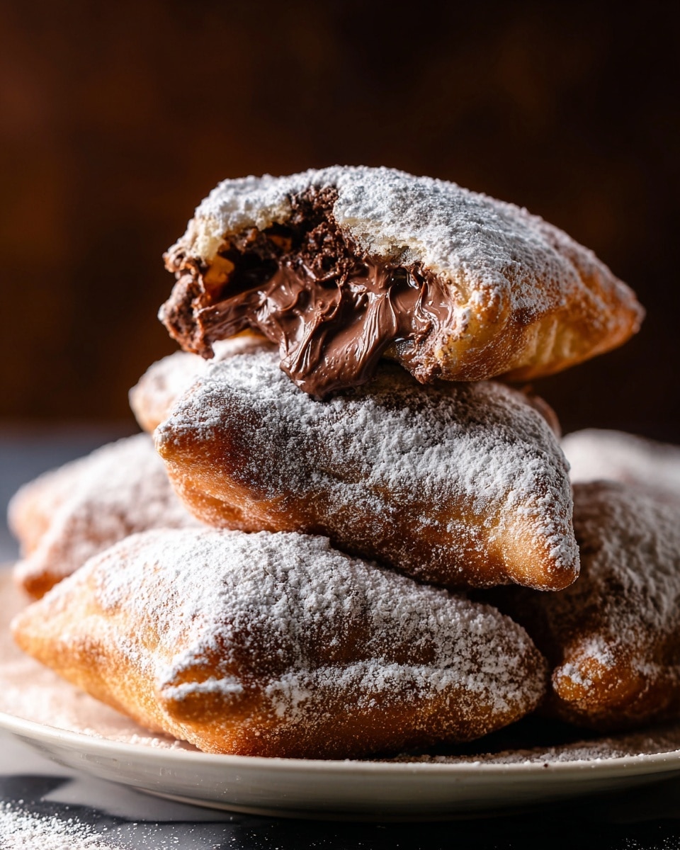 A stack of four square chocolate pastries sits on a white plate, each one dusted heavily with powdered sugar giving a light grayish texture on top. The top pastry is broken open, revealing a soft, smooth, dark chocolate filling inside. The pastries have a golden-brown crust with a slightly rough texture. The background and surface show a white marbled texture with a dark blurred backdrop. Photo taken with an iphone --ar 4:5 --v 7