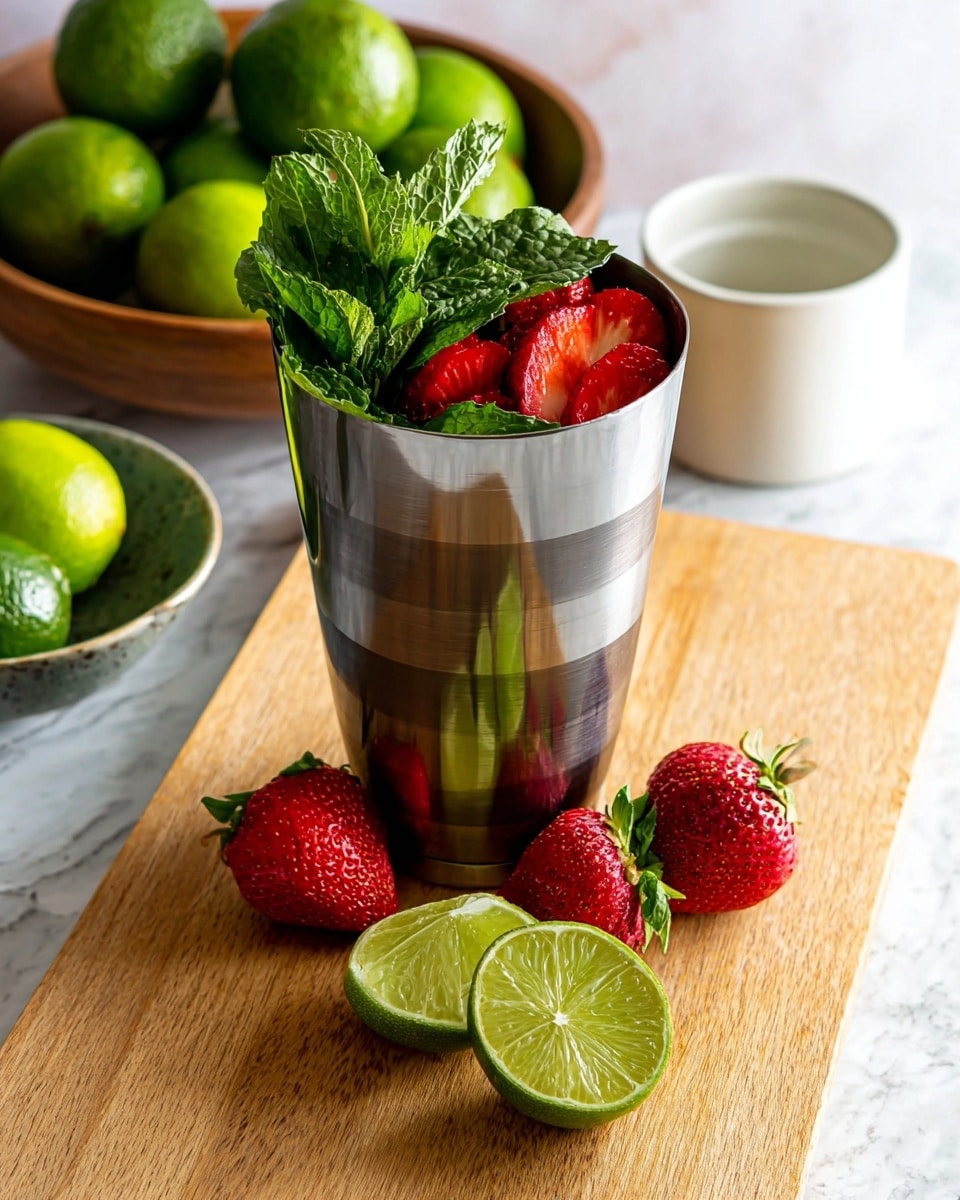 A tall metal shaker cup sits on a wooden board over a white marbled surface. Inside the shaker, fresh green mint leaves rest on top of sliced bright red strawberries. Around the shaker, there are three whole strawberries with green leaves and two lime halves showing the juicy green interior. In the background, there is a white ceramic cup and a bowl filled with whole green limes. The scene is bright and fresh, showing ingredients ready for mixing. photo taken with an iphone --ar 4:5 --v 7