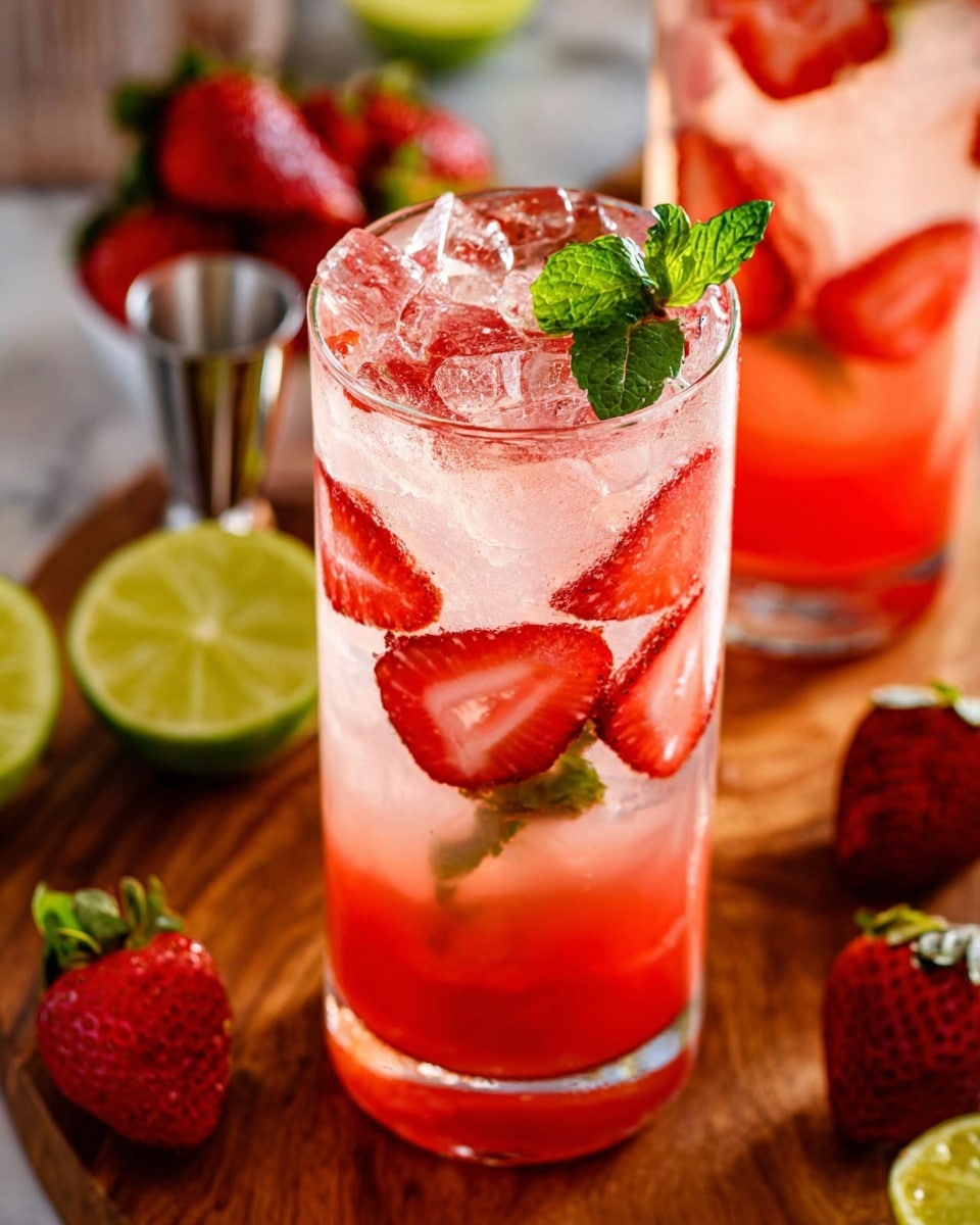 The image shows a tall clear glass with three layers: the bottom layer is a bright red liquid, above it is light pink liquid with ice cubes floating, and the top has several thin strawberry slices visible inside and on top of the ice, garnished with a small green mint leaf. The glass sits on a wood surface with some fresh whole strawberries and lime wedges nearby, a silver jigger, and a white marbled background visible in the blurred background. Another similar glass with the same drink is partly visible behind it. photo taken with an iphone --ar 4:5 --v 7