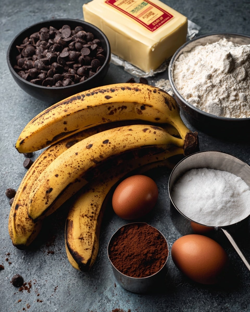 The image shows three ripe bananas with brown spots lying slightly angled on a dark gray surface, surrounded by baking ingredients. Near the bananas, there are two brown eggs placed close to a metal measuring cup filled with bright white sugar at the bottom right. Above the sugar is another metal cup with fine brown cocoa powder. To the left of the bananas is a round black bowl full of dark chocolate chips. Behind the bananas is a white block of butter wrapped in yellow and red paper, and a large bowl filled with white flour is partially visible on the right side. The scene is shot on a dark gray textured surface with a soft light coming from the left side. Photo taken with an iphone --ar 4:5 --v 7