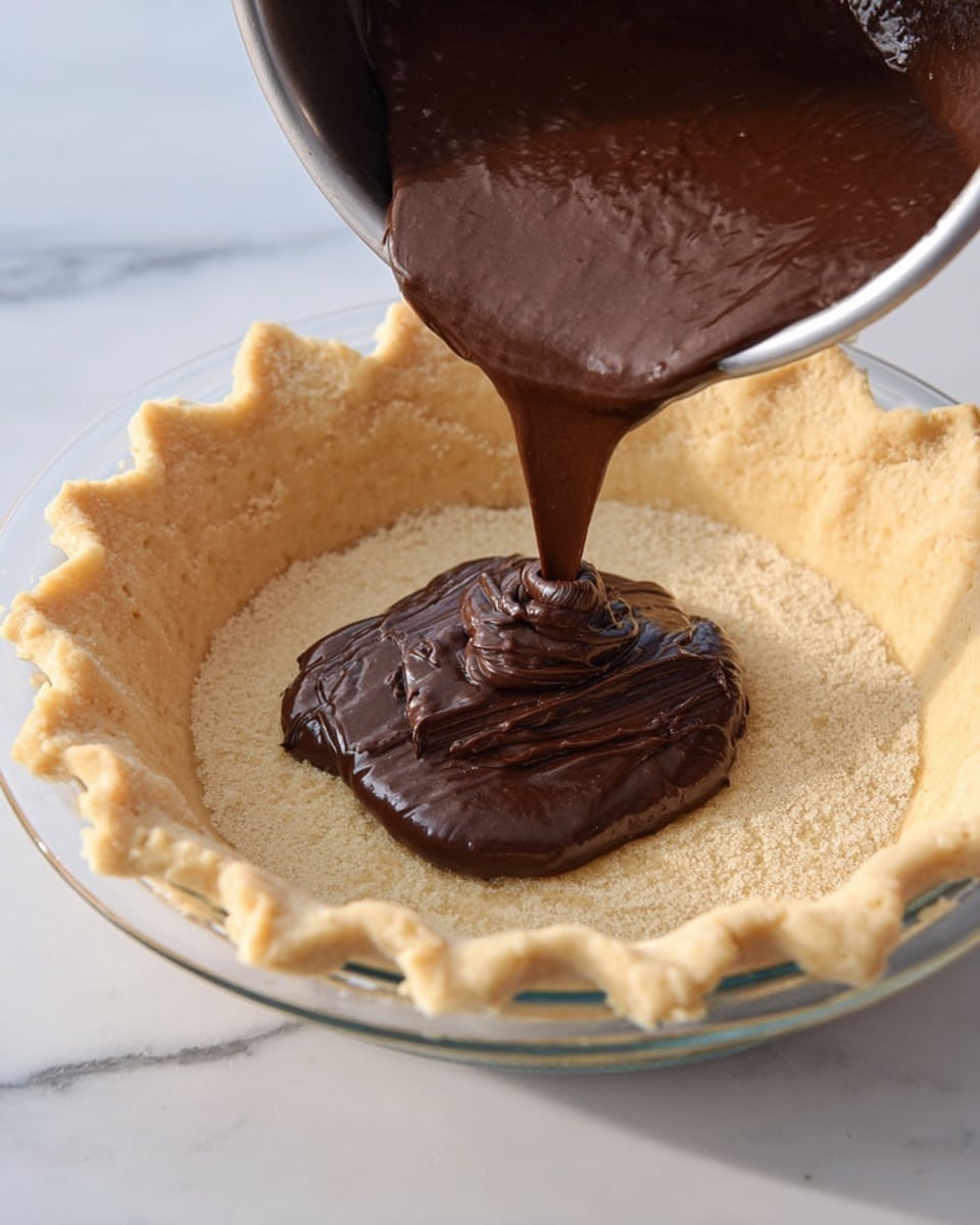 A glass pie dish holds a single baked pie crust layer that is light golden with a slightly flaky texture and crimped edges. Thick dark chocolate filling is being poured smoothly from a metal bowl above, showing a glossy and rich texture as it lands in the center of the crust. The background is a white marbled surface. Photo taken with an iphone --ar 4:5 --v 7