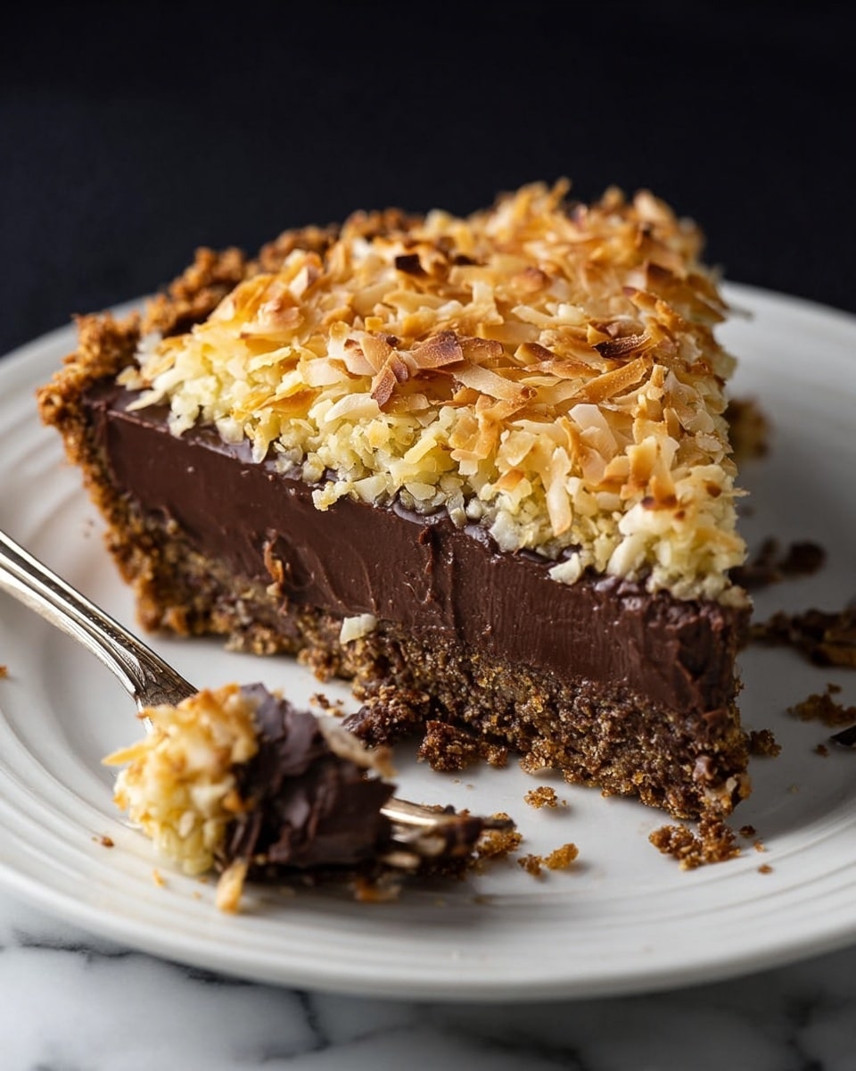 A slice of pie sits on a white plate atop a white marbled surface. The pie has three layers: a dark, crumbly chocolate crust forms the bottom and sides, a thick, smooth, deep brown chocolate filling sits in the middle, and the top layer is a textured, light golden coconut and nut mix, slightly toasted. A silver fork lies on the plate with a small bite of pie on the tines, showing the rich layers. Two more plates with similar pie slices are blurred in the background. Photo taken with an iphone --ar 4:5 --v 7