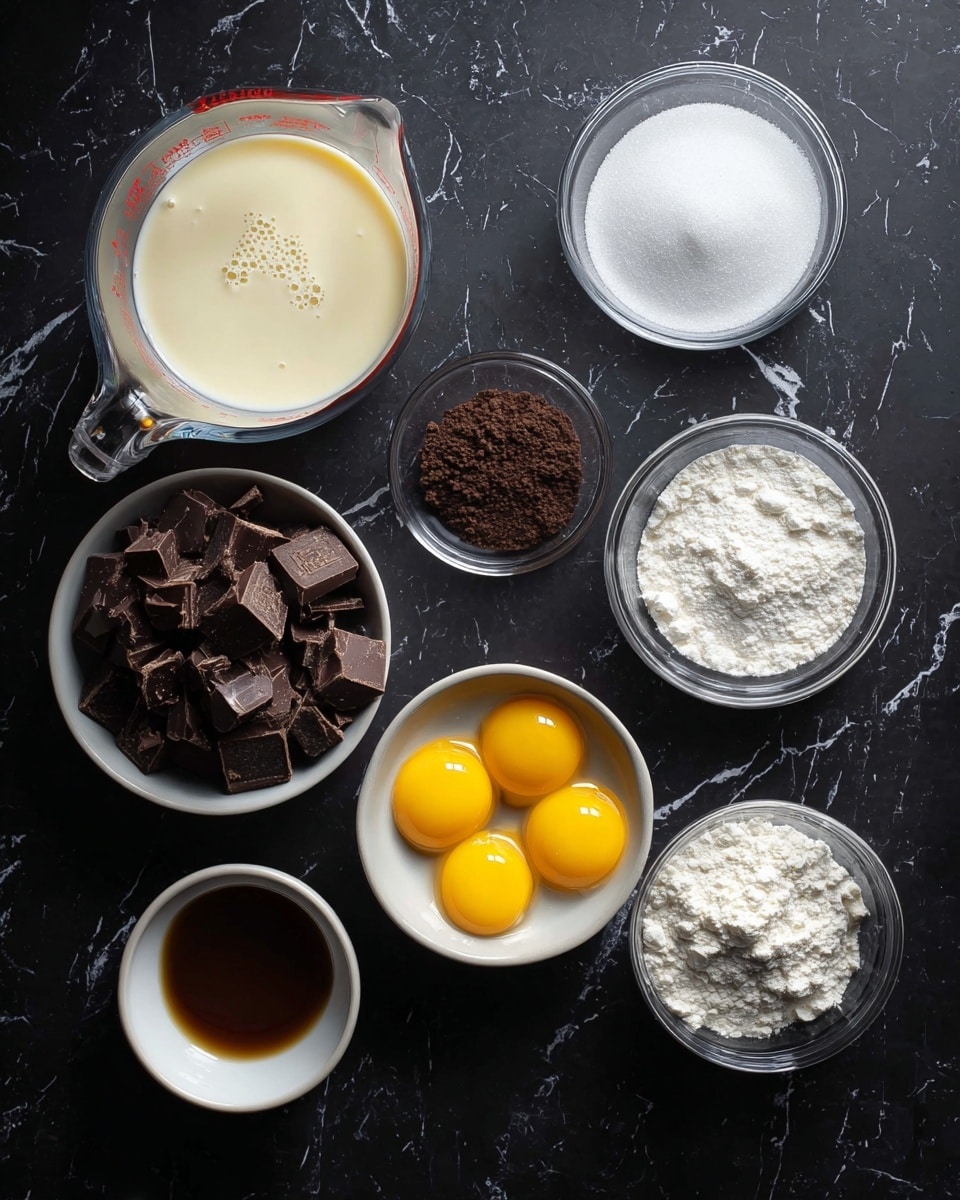 The image shows eight containers with various ingredients placed on a dark background changed to a white marbled texture. The top left holds a clear glass measuring cup filled with light cream, with small bubbles on the surface. To its right is a small transparent bowl filled with white granulated sugar, and next to it a small white bowl containing a dark brown powder mixed with a bit of white salt. Below these is a white bowl filled with seven bright yellow egg yolks. To the left of the yolks is a larger white plate heaped with small square pieces of chocolate. Below this plate is a small white bowl filled with vanilla extract, and next to it a transparent bowl filled with white powdered sugar. To the right of the powdered sugar is another clear glass measuring cup holding a light liquid cream. All containers are arranged neatly with a simple and clean presentation. Photo taken with an iphone --ar 4:5 --v 7