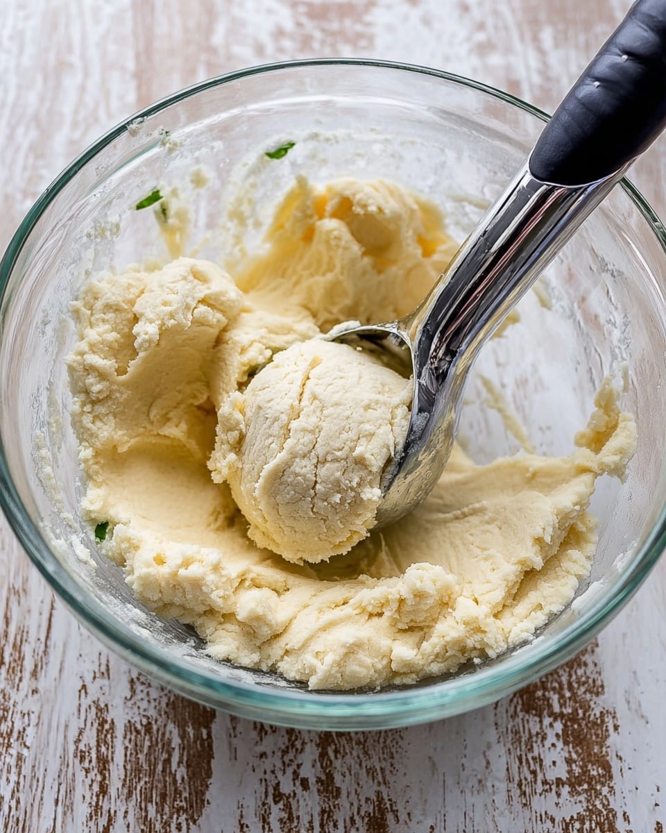 A clear glass bowl sits on a wooden surface with white marbled texture in the background, filled with soft, pale yellow dough. In the dough, a silver and black ice cream scoop is forming a round ball, showing the dough's creamy and slightly crumbly texture. The dough inside the bowl appears well-mixed and smooth with some rough patches where the scoop has moved through it. Photo taken with an iphone --ar 4:5 --v 7