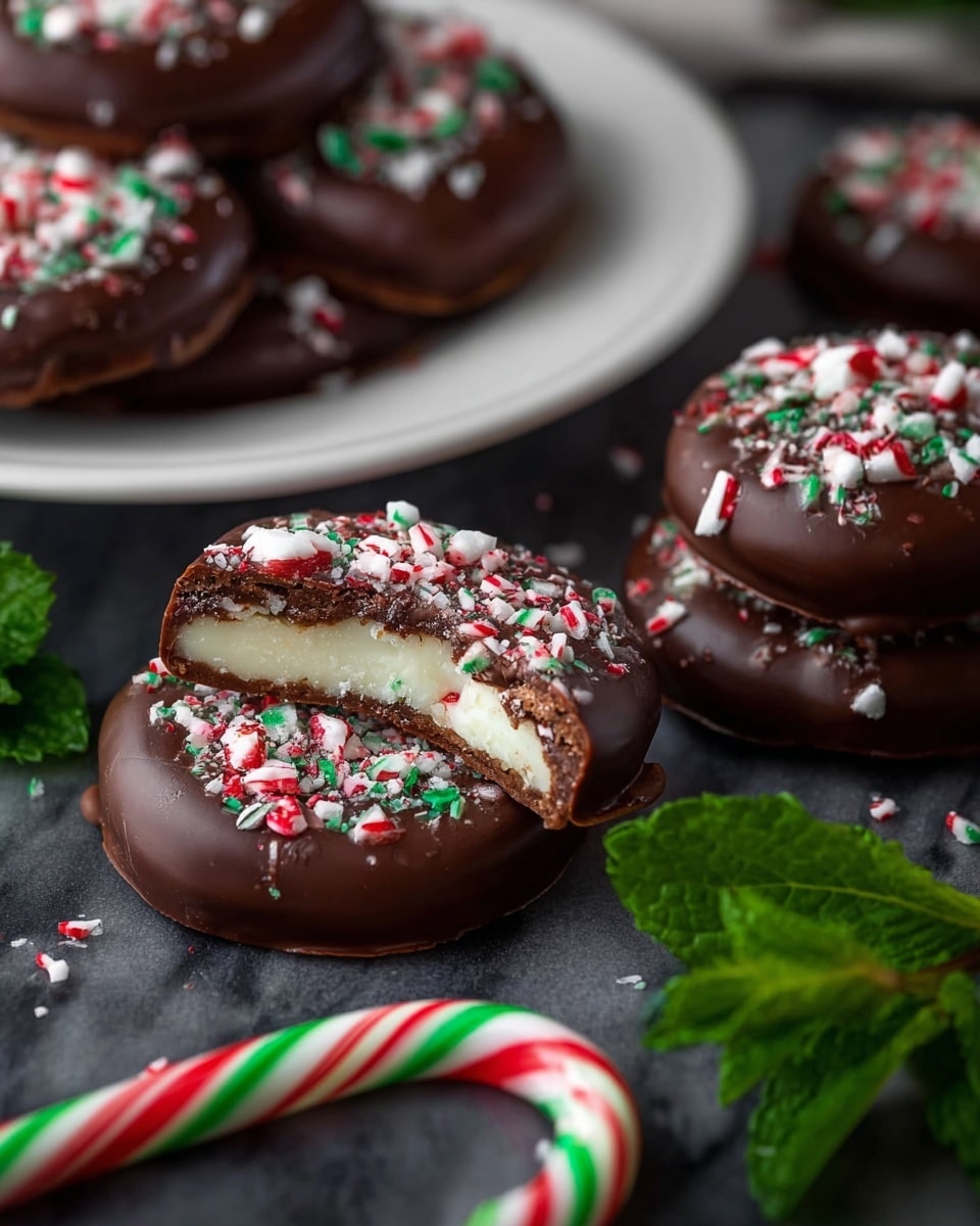 The image shows round cookies with three layers: a white creamy base, a thick middle layer of milk chocolate, and a top layer of crushed red, white, and green peppermint candy pieces scattered on the chocolate. One cookie is bitten, revealing the smooth white inside. The cookies are arranged on a white plate in the background and a few more rest on a dark surface with bright green mint leaves nearby. A small candy cane with red and green stripes lies on the dark surface in the foreground. The background is a white marbled texture. Photo taken with an iphone --ar 4:5 --v 7