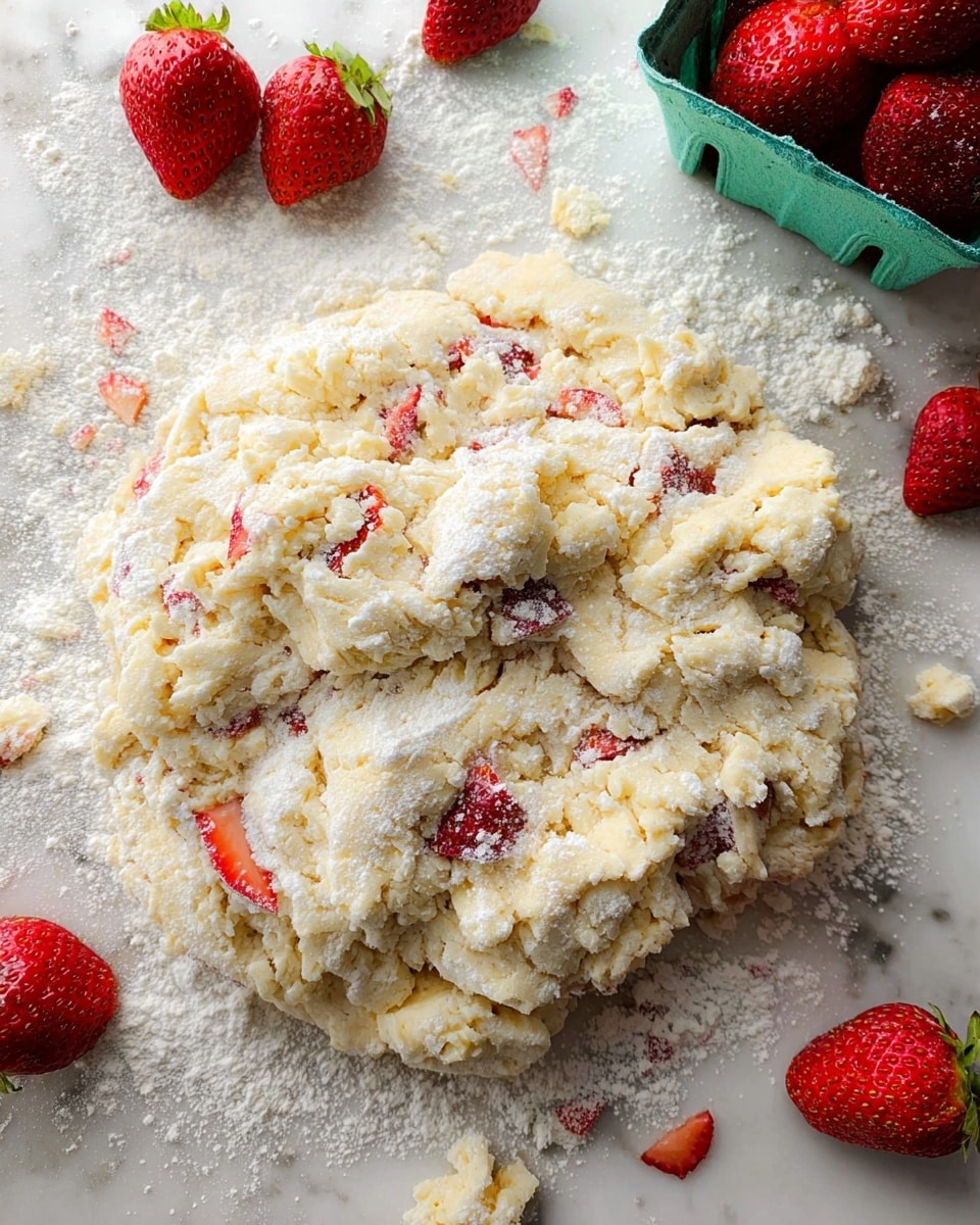 The image shows a rough dough mixture spread on a white marbled surface, sprinkled heavily with white flour. The dough is pale yellow with a soft, crumbly texture and contains scattered pieces of bright red strawberry slices embedded throughout. Around the dough, there are whole fresh strawberries positioned randomly, including some in a small green carton in the upper right corner. The colors mainly include the creamy dough, white flour dust, and the vibrant red of the strawberries. photo taken with an iphone --ar 4:5 --v 7